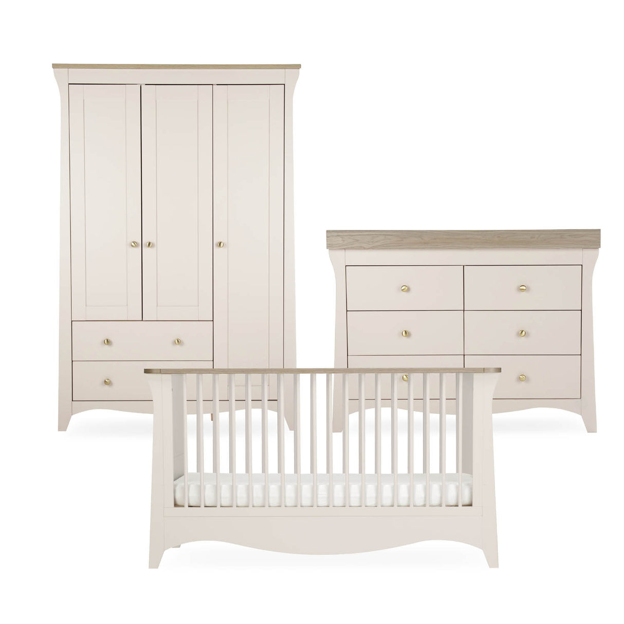 CuddleCo Clara Luxe 3 Piece Nursery Furniture Set (Cot Bed, Dresser & Wardrobe) - Cashmere & Ash