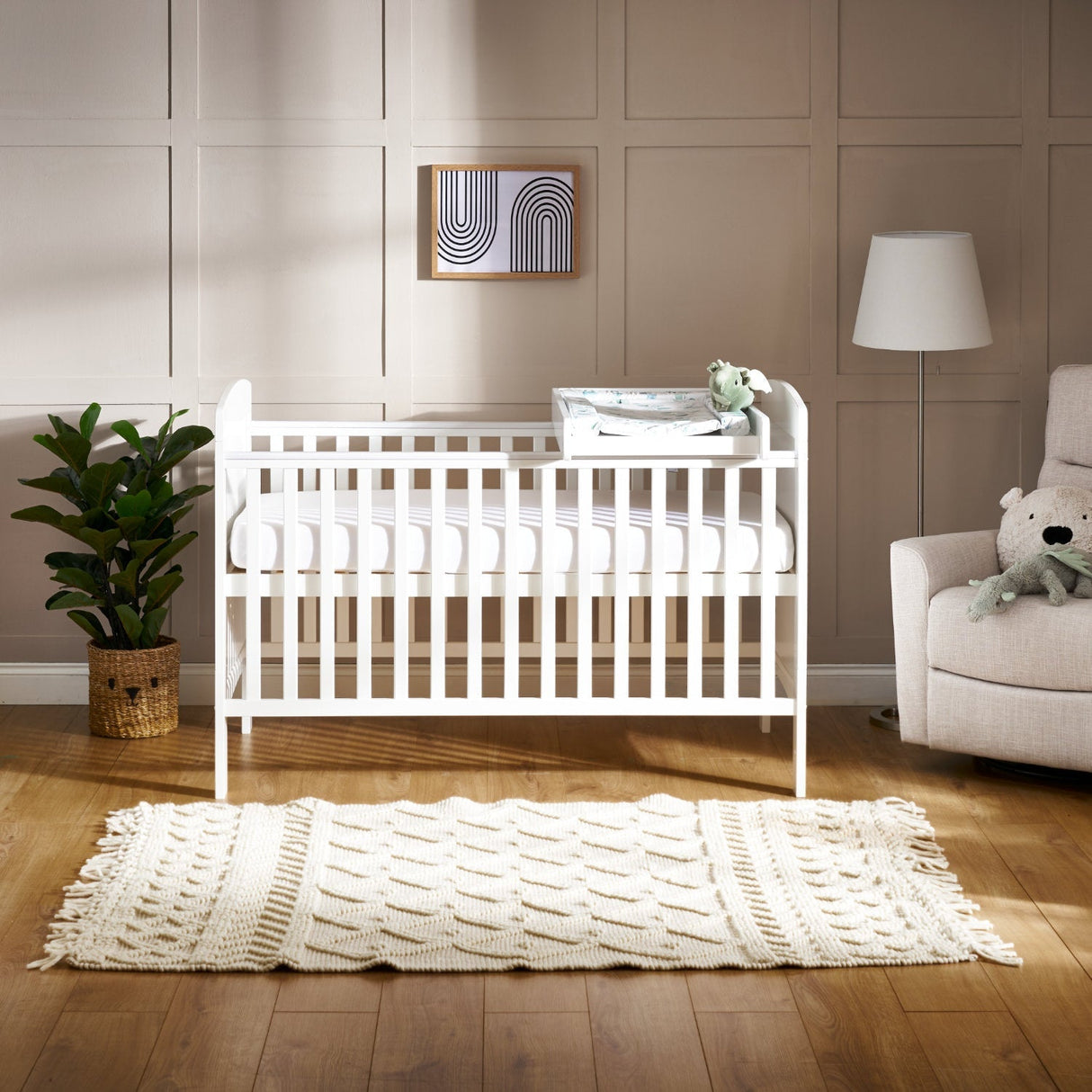 Obaby Grace Cot Bed, Cot Top Changer + Fibre Mattress - White
