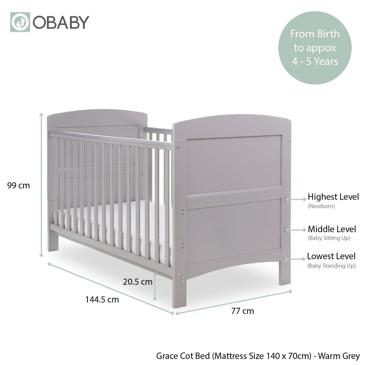 Obaby Grace Cot Bed, Cot Top Changer + Fibre Mattress - Warm Grey
