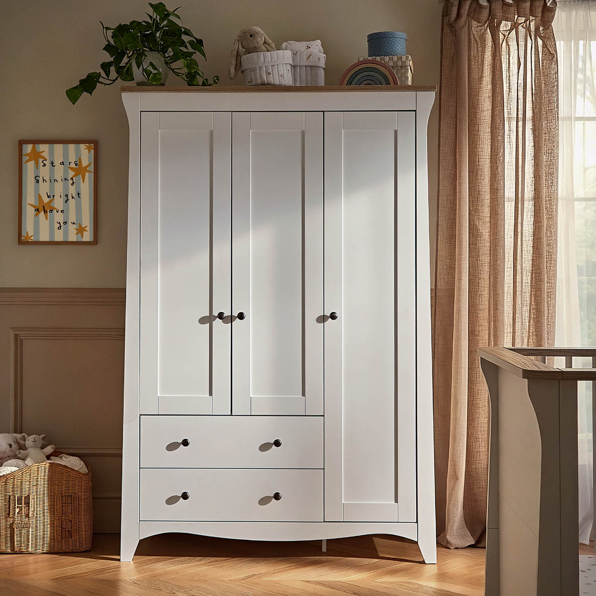 CuddleCo Clara Luxe 3 Piece Nursery Furniture Set (Cot Bed, Dresser & Wardrobe) - White & Ash