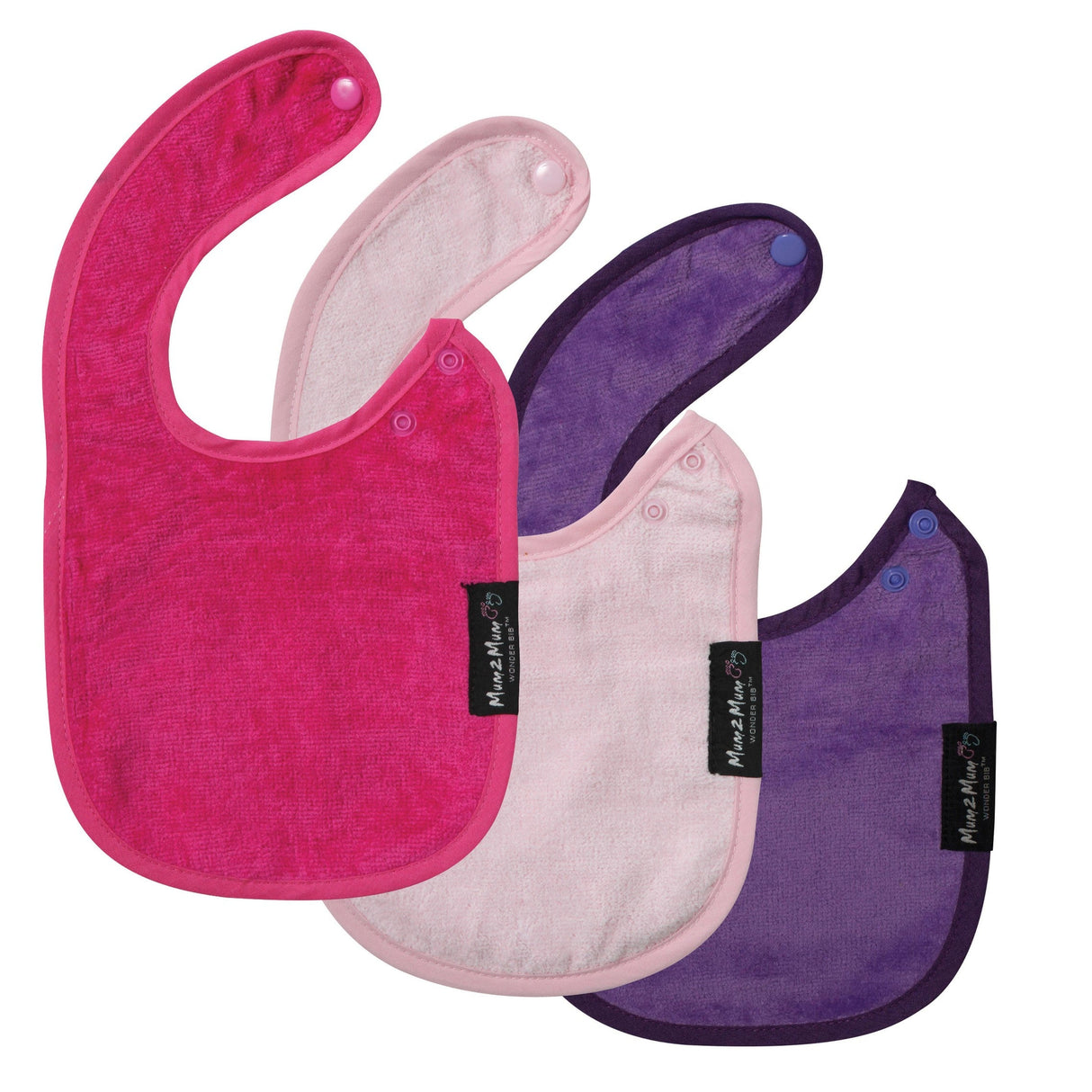 3 PACK - Mum 2 Mum Infant Wonder Bibs - Cerise / Baby Pink / Purple