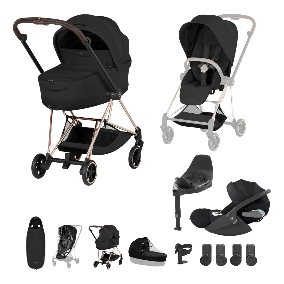 Cybex Mios Fold Cot Ultimate Travel System Bundle- Style Sepia Black & Rose Gold Frame