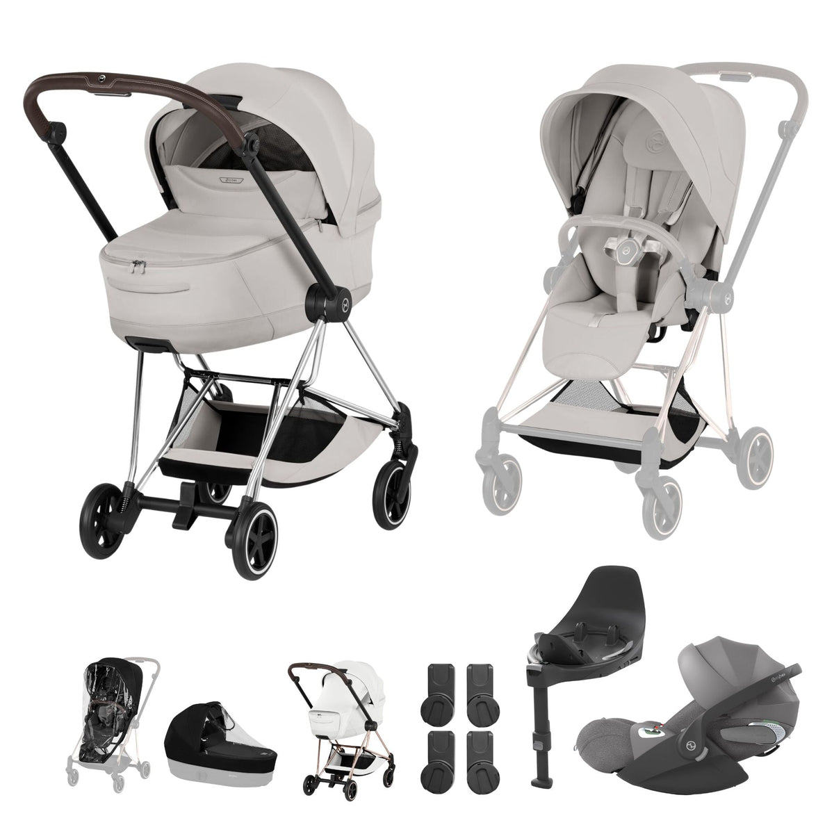 Cybex Mios Fold Cot Travel System Bundle - Style City Grey & Chrome Brown Frame