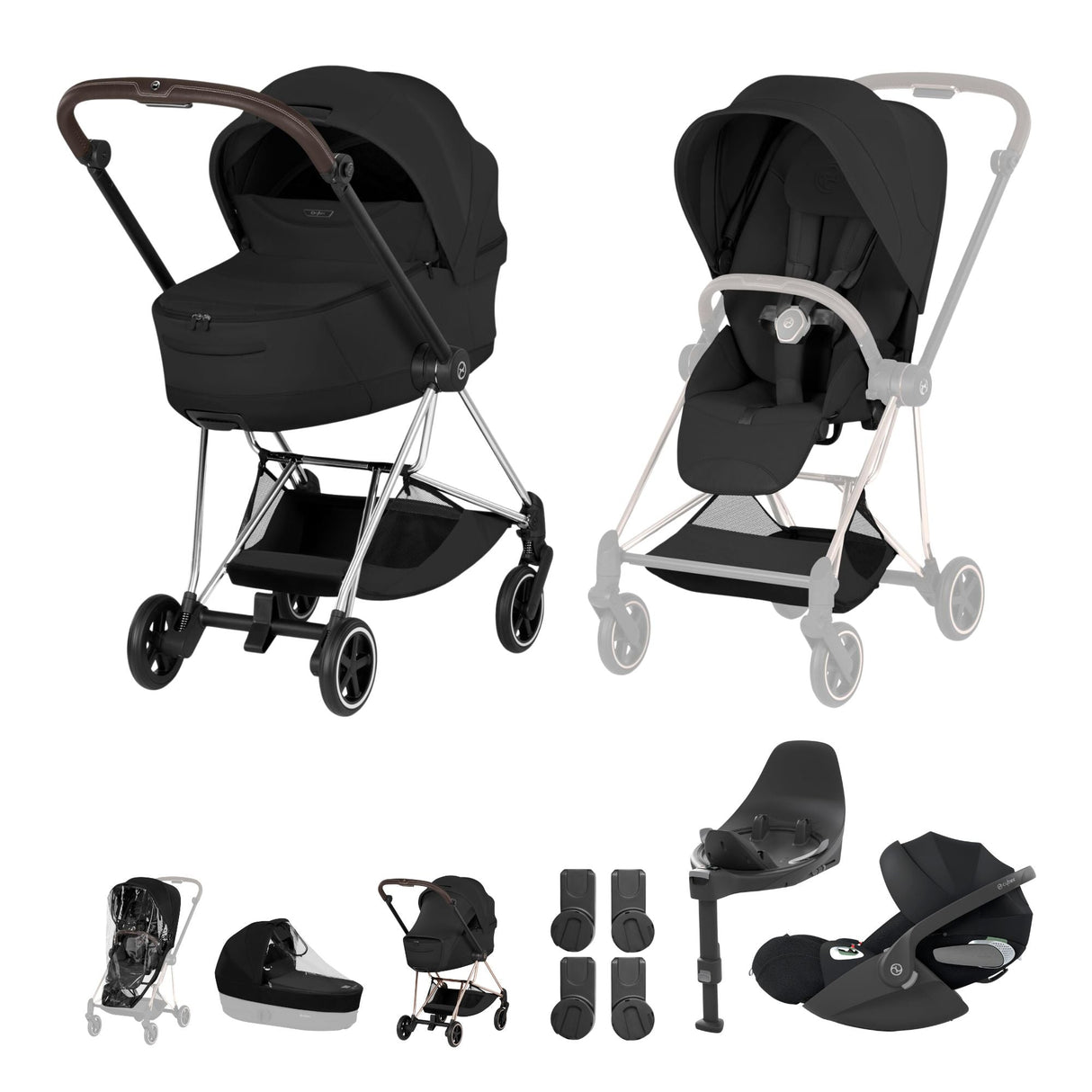 Cybex Mios Fold Cot Travel System Bundle - Style Sepia Black & Chrome Brown Frame