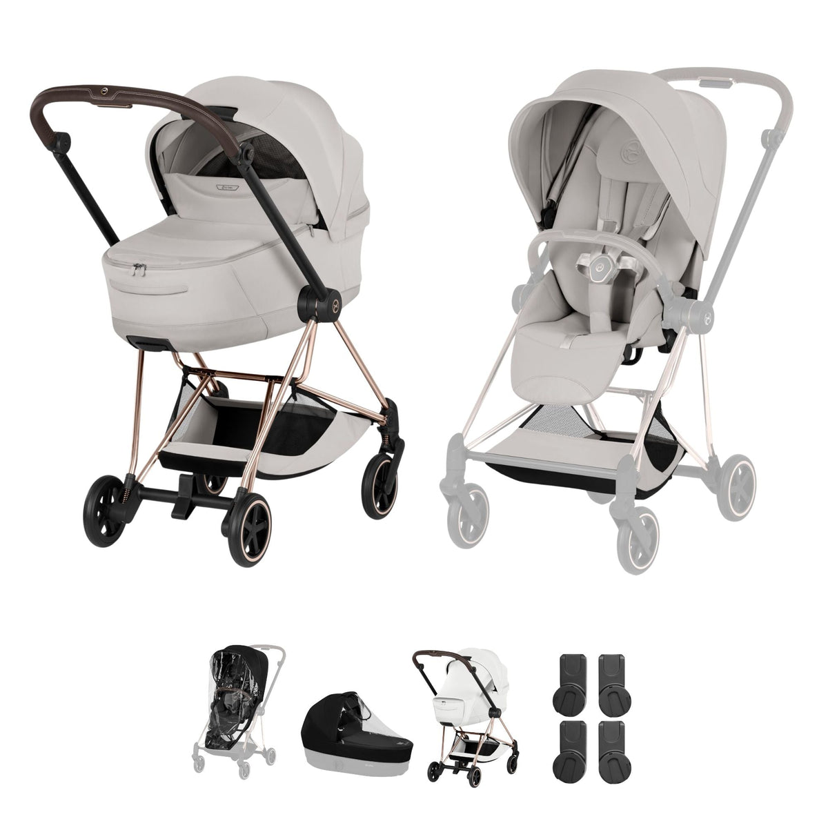 Cybex Mios Style Pushchair & Fold Cot Bundle - City Grey & Rose Gold Frame