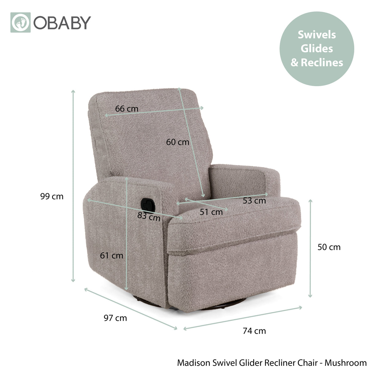 Obaby Madison Glider Recliner Chair – Chenille Mushroom