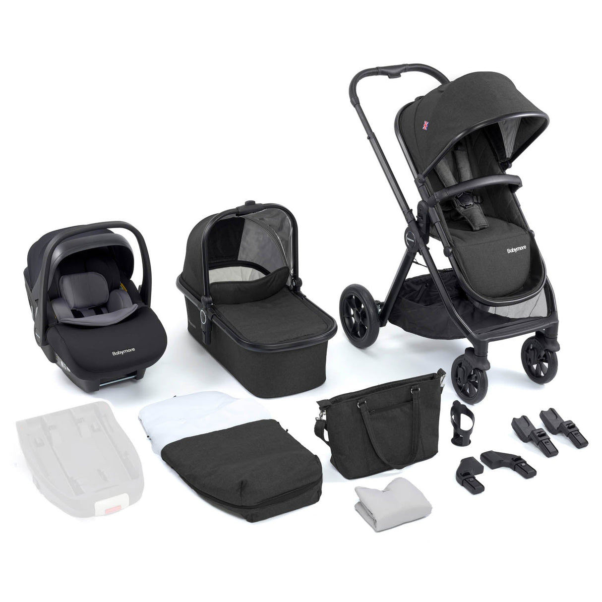 Babymore Memore V2 Travel System + Pecan Car Seat - Black