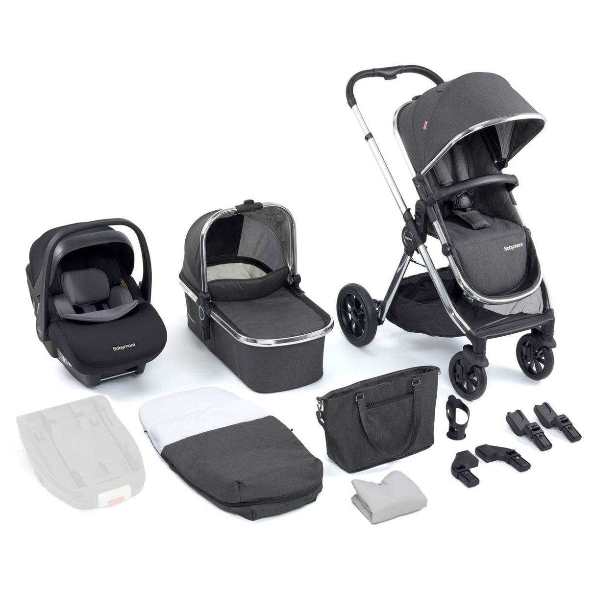 Babymore Memore V2 Travel System + Pecan Car Seat - Chrome