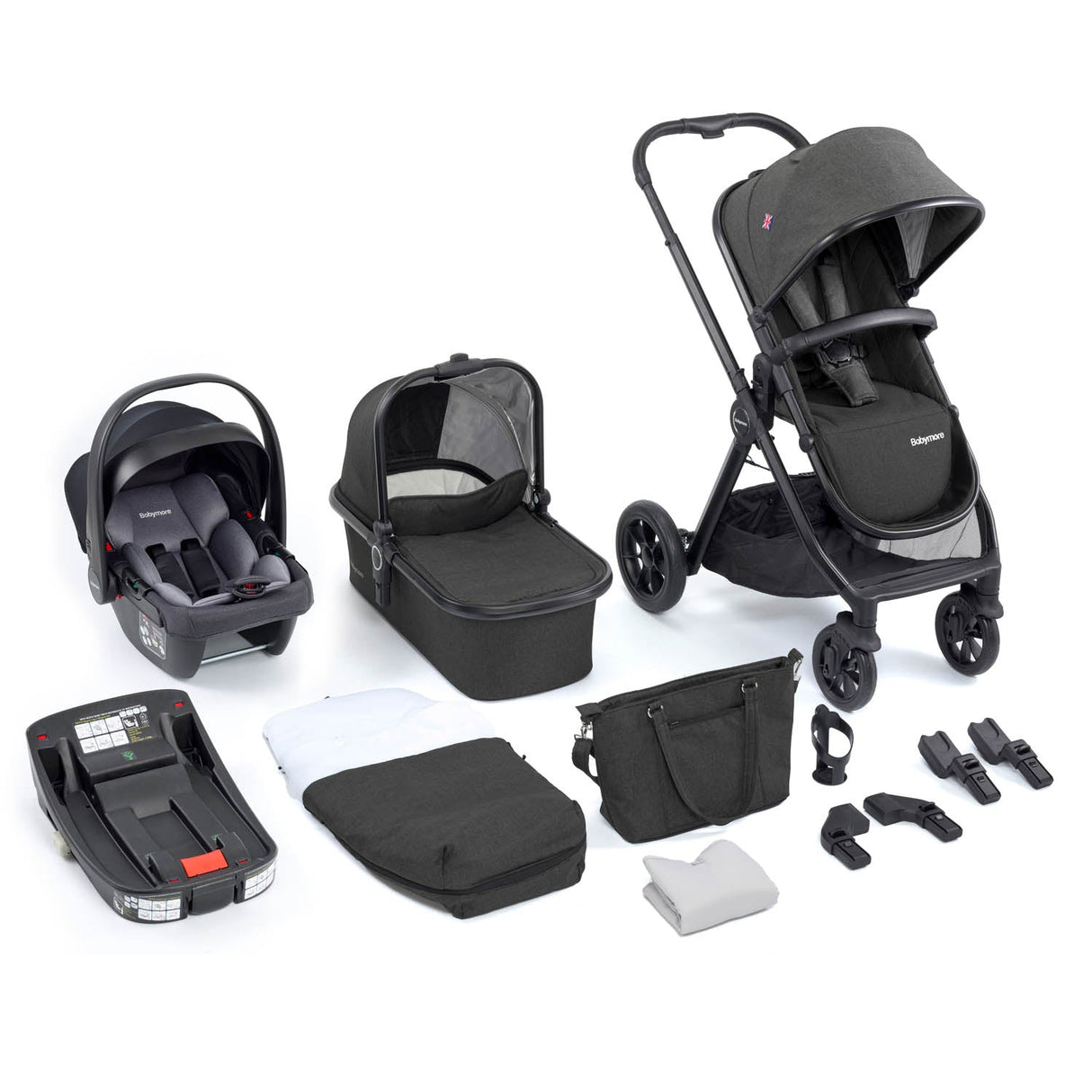 Babymore Memore V2 Travel System + Coco Car Seat & Base - Black
