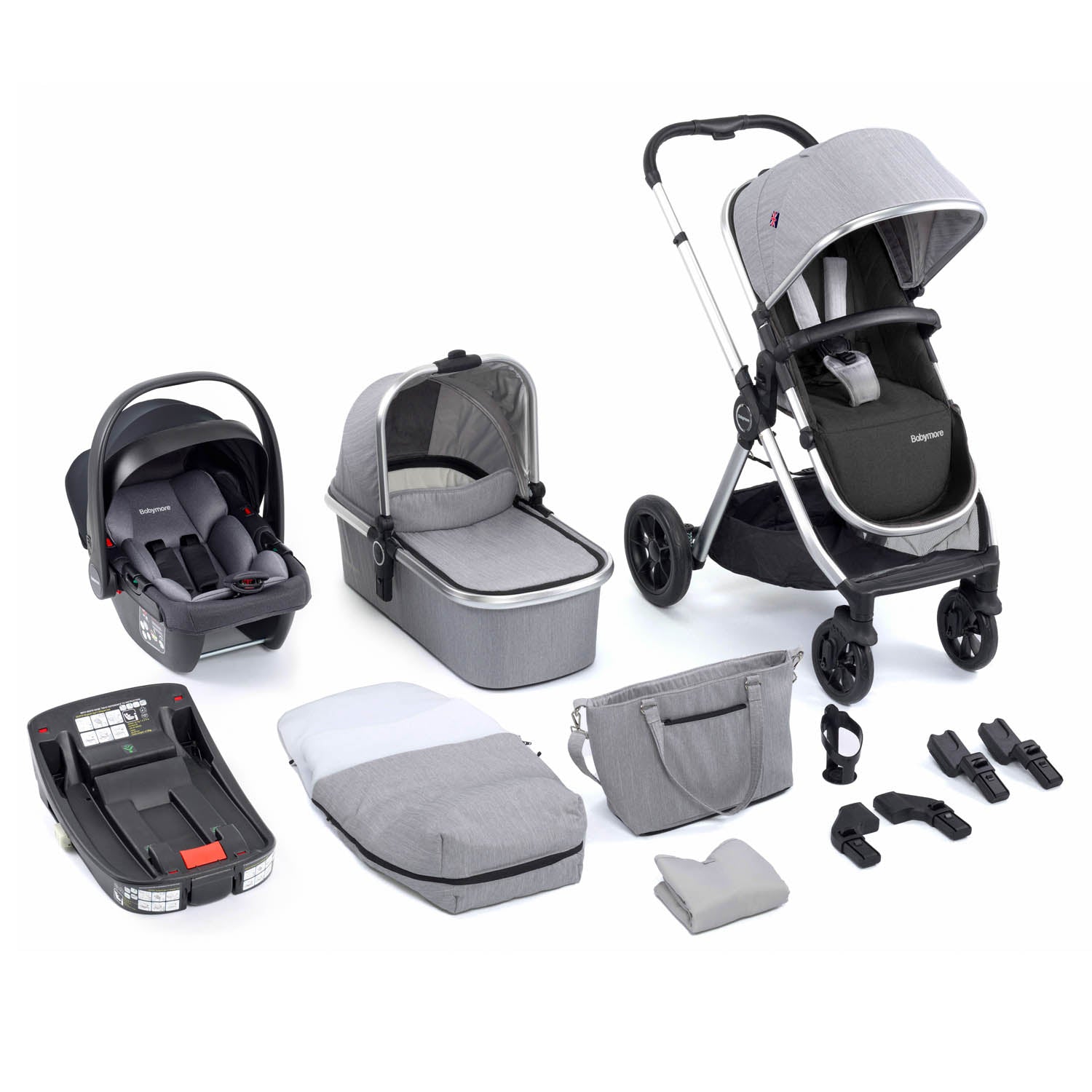 Babymore Memore V2 Travel System + Coco Car Seat & Base - Silver