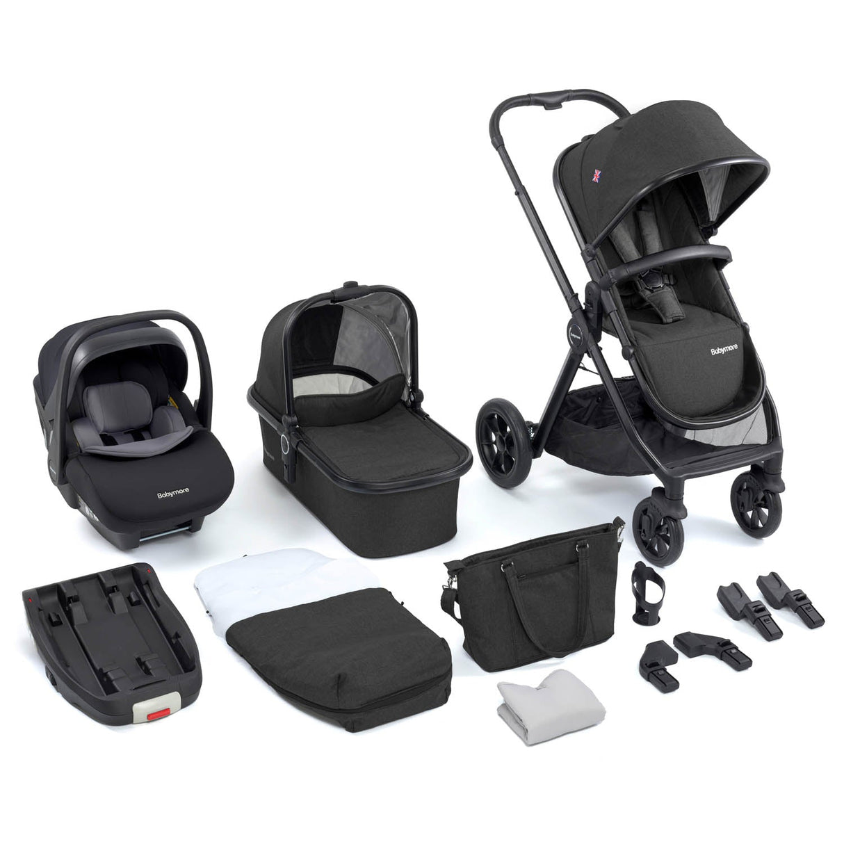 Babymore Memore V2 Travel System + Pecan Car Seat & Base - Black