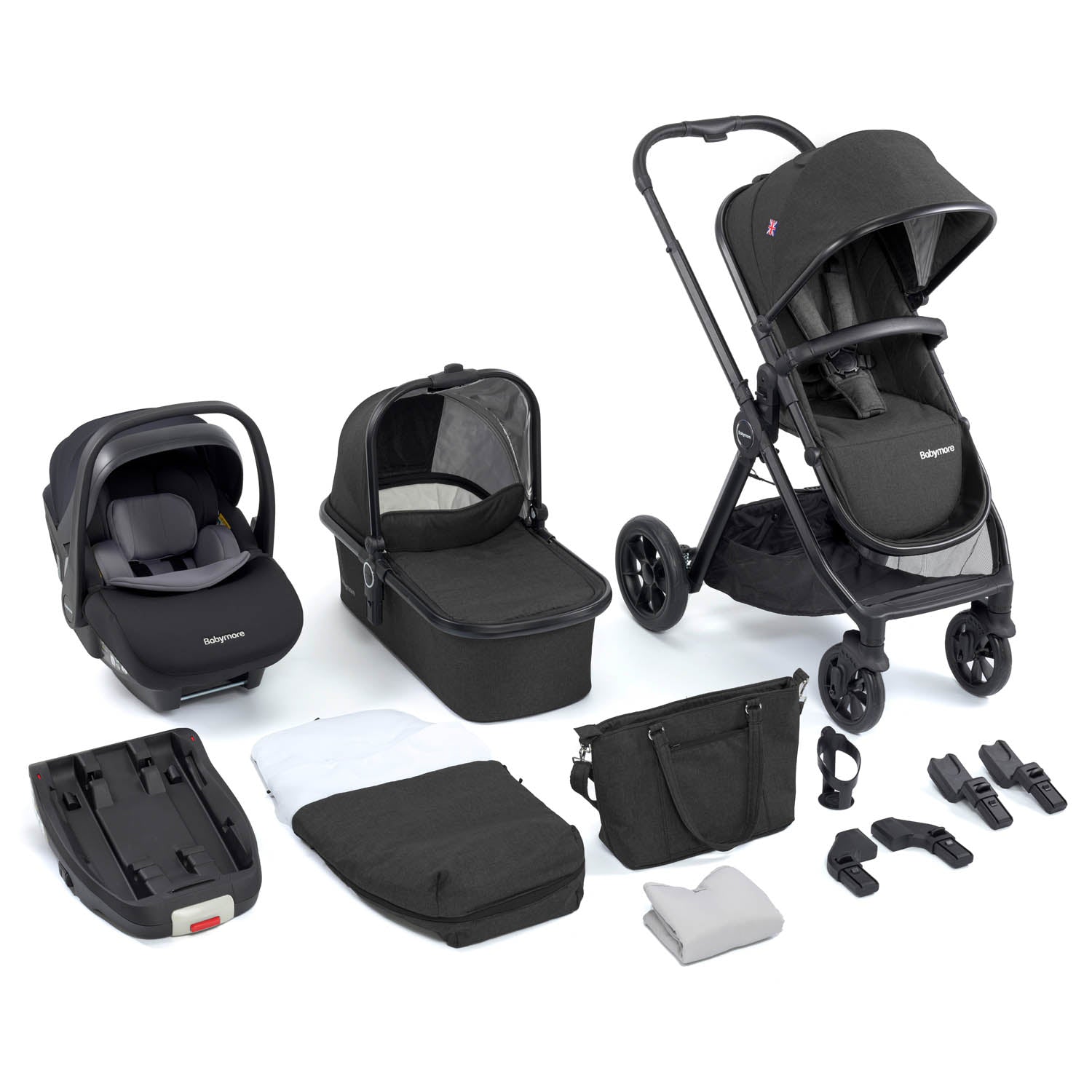 Babymore Memore V2 Travel System + Pecan Car Seat & Base - Black