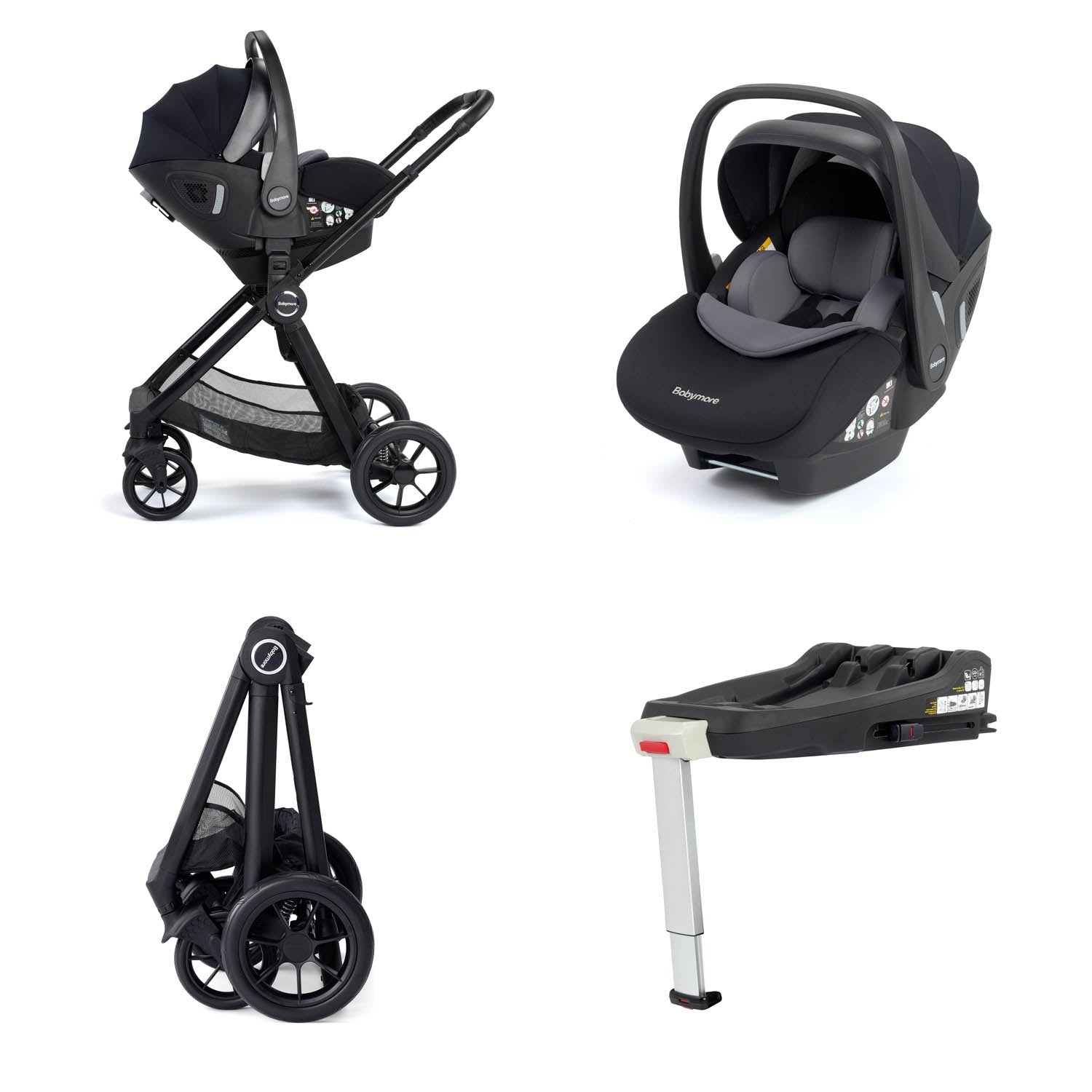 Babymore Memore V2 Travel System + Pecan Car Seat & Base - Black