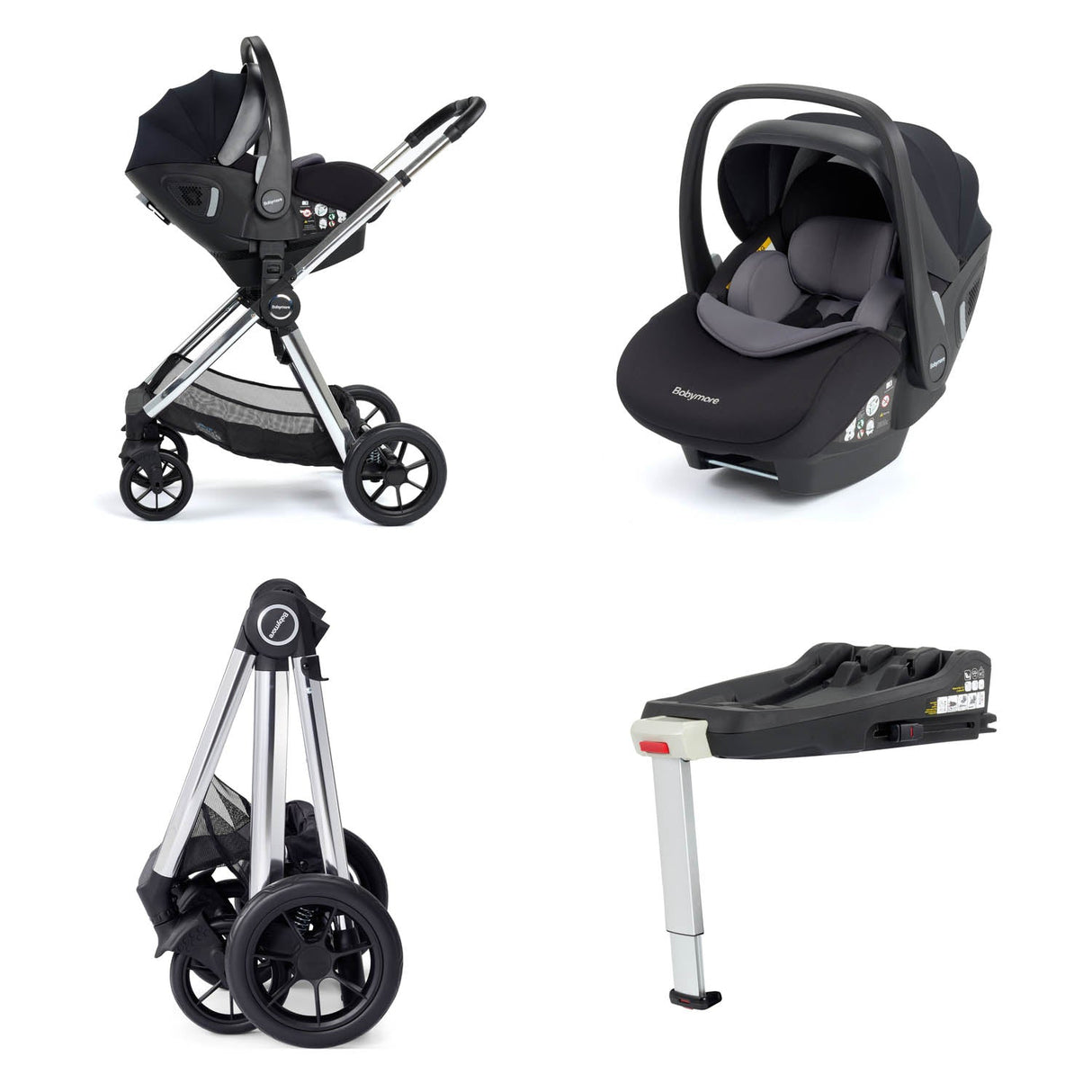 Babymore Memore V2 Travel System + Pecan Car Seat & Base - Chrome