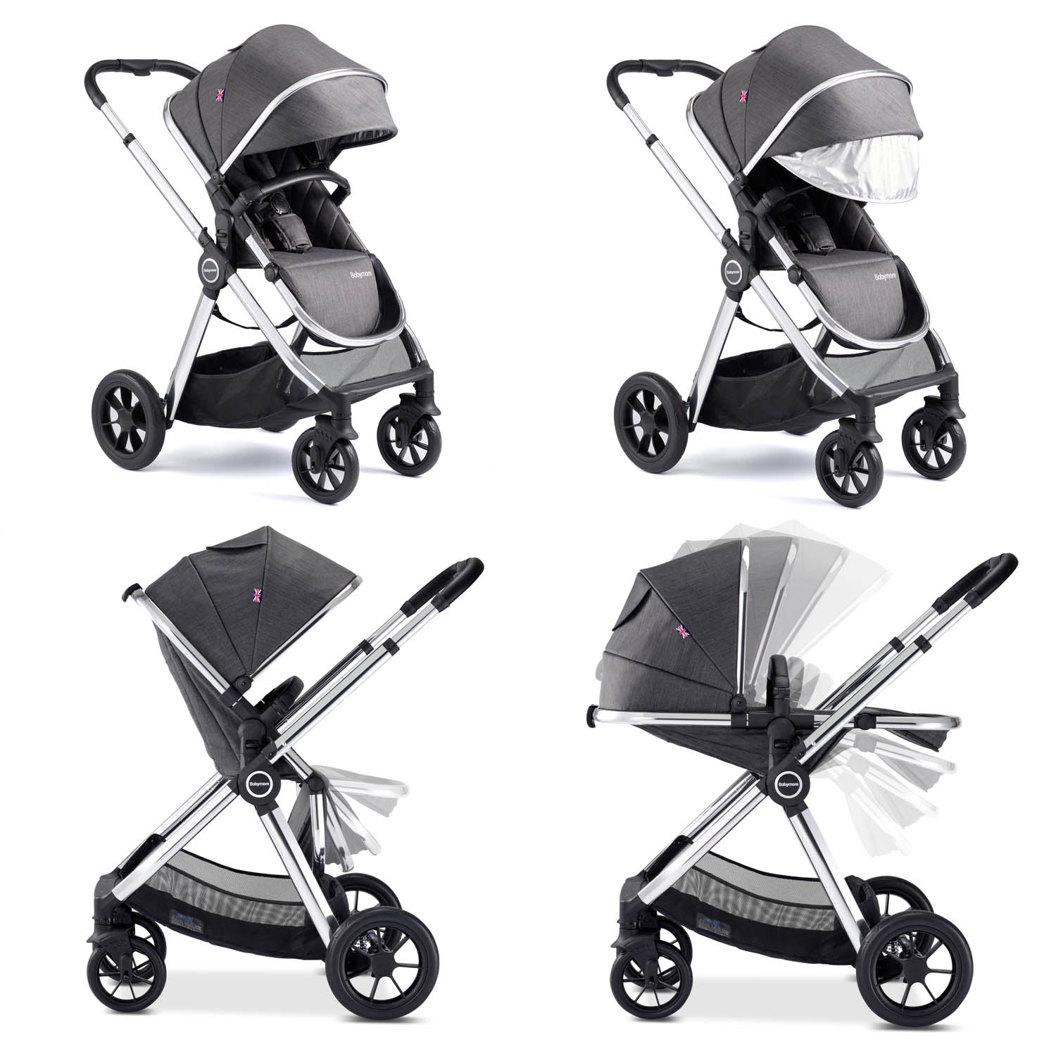 Babymore Memore V2 Travel System + Pecan Car Seat & Base - Chrome