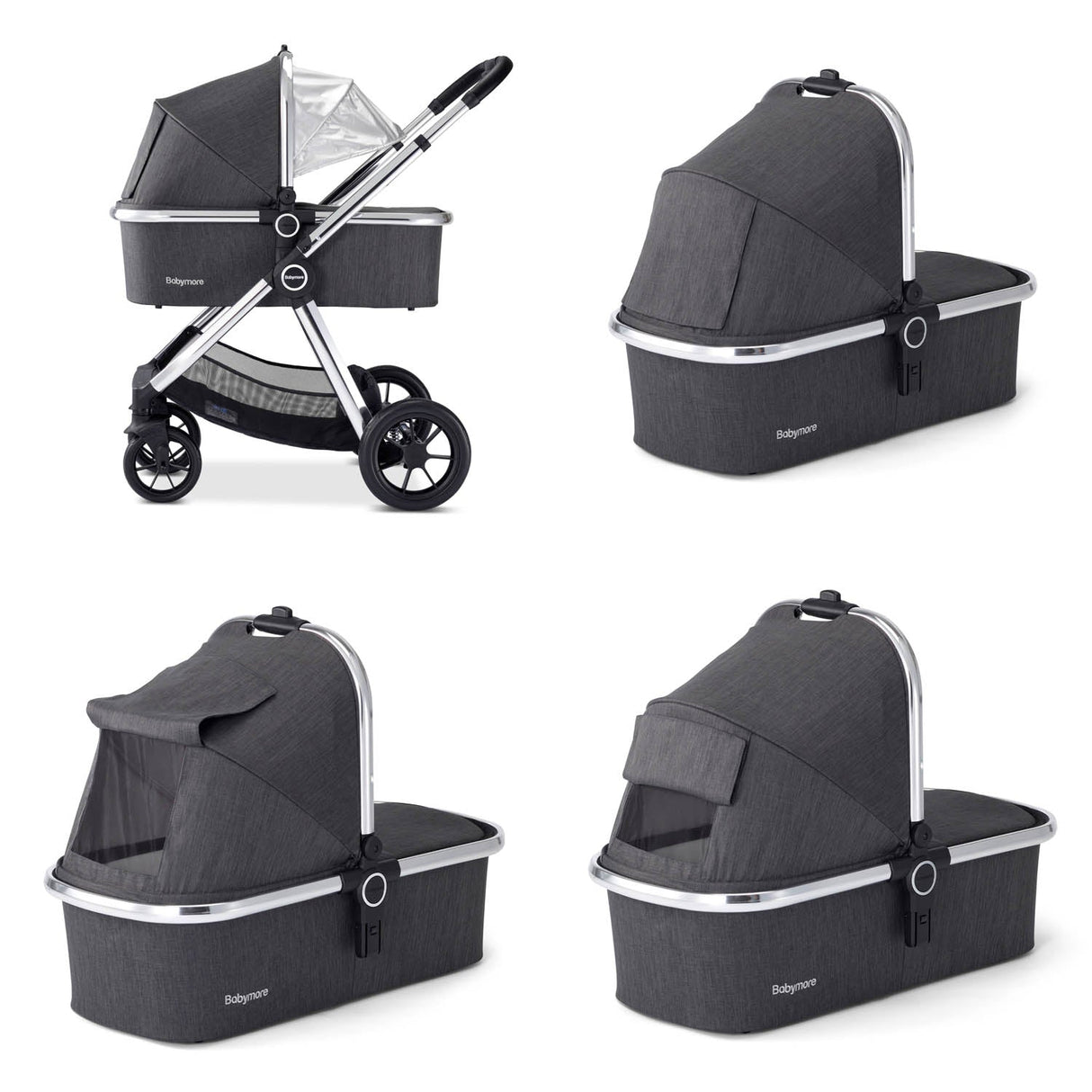 Babymore Memore V2 Travel System + Pecan Car Seat & Base - Chrome