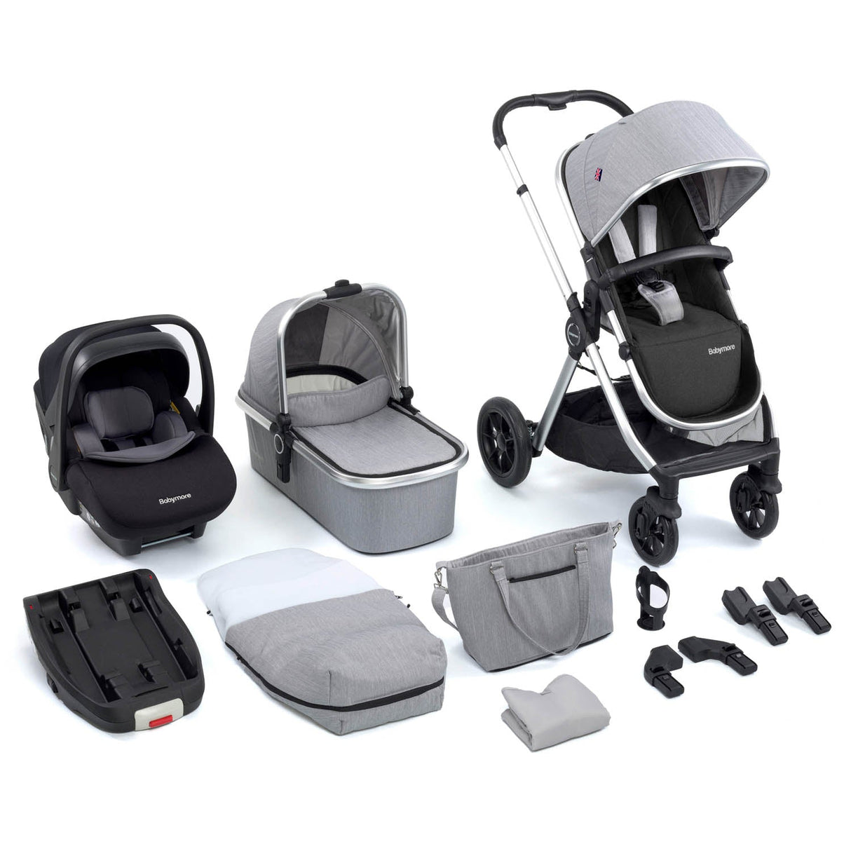 Babymore Memore V2 Travel System + Pecan Car Seat & Base - Silver