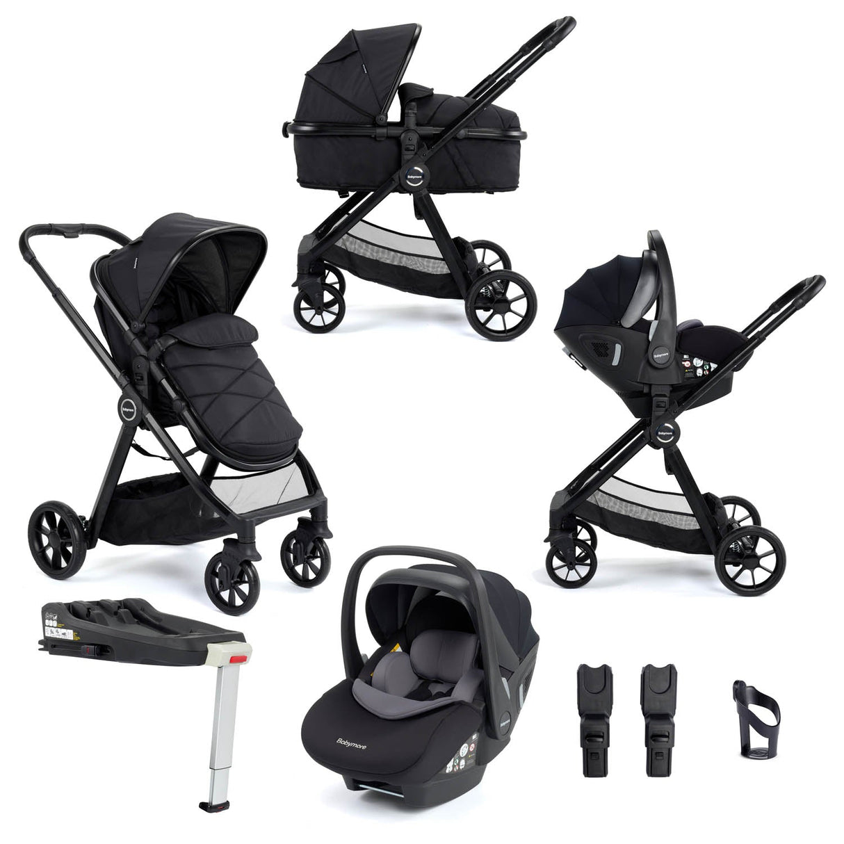 Babymore Mimi Travel System + Pecan Car Seat & Base - Black