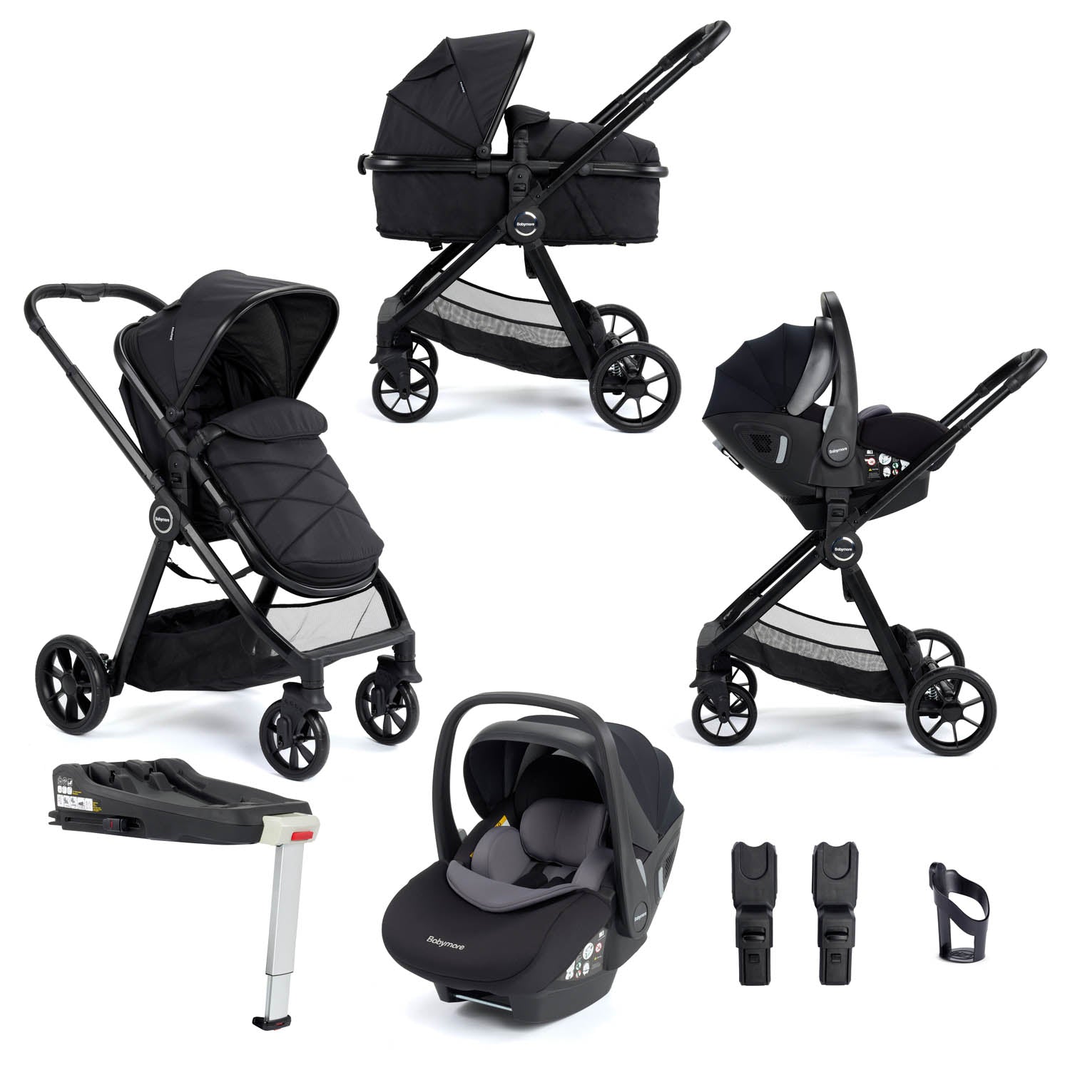 Babymore Mimi Travel System + Pecan Car Seat & Base - Black