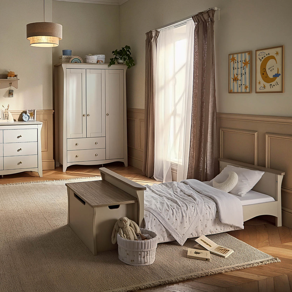 CuddleCo Clara Luxe 3 Piece Nursery Furniture Set (Cot Bed, Dresser & Wardrobe) - Cashmere & Ash