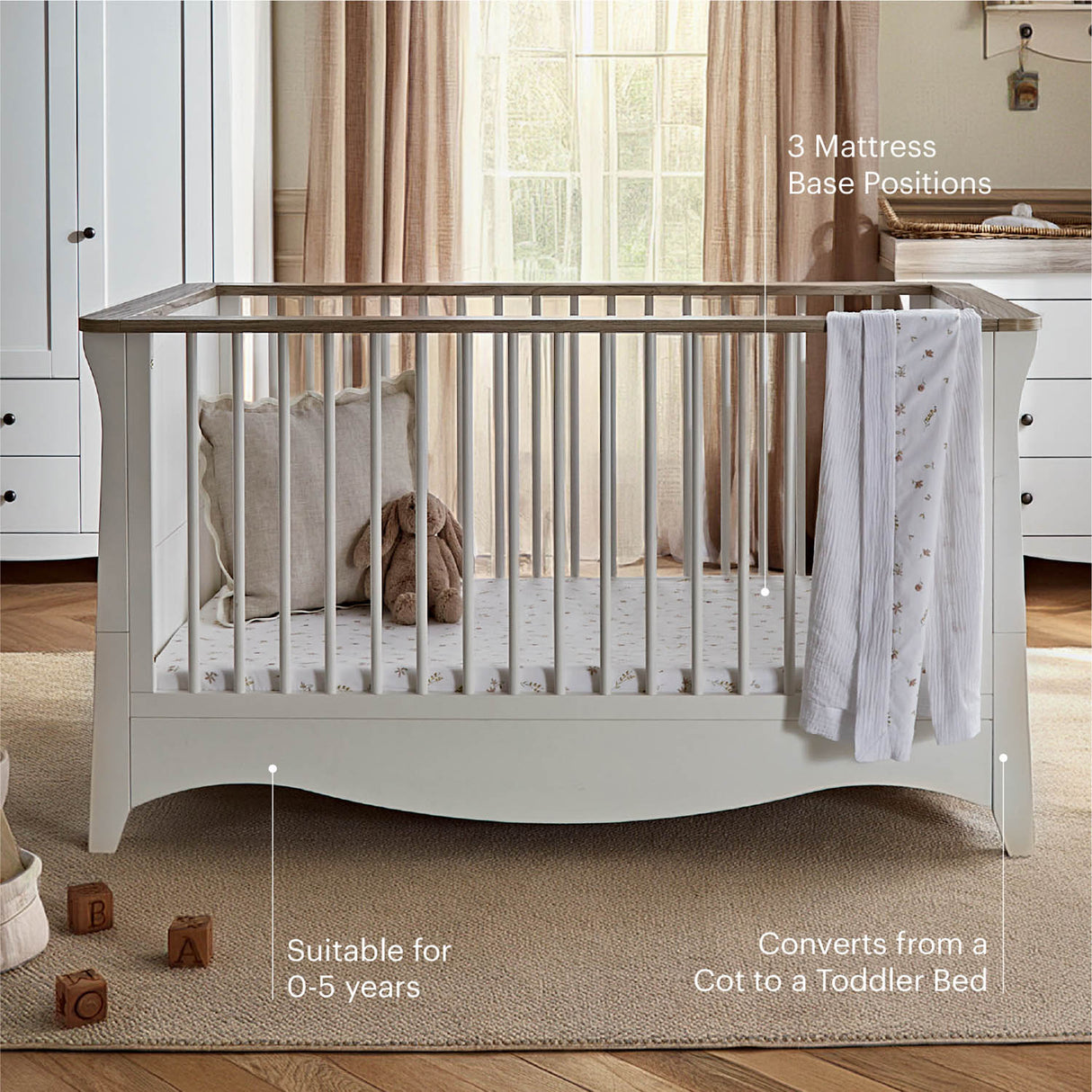 CuddleCo Clara Luxe 3 Piece Nursery Furniture Set (Cot Bed, Dresser & Wardrobe) - White & Ash