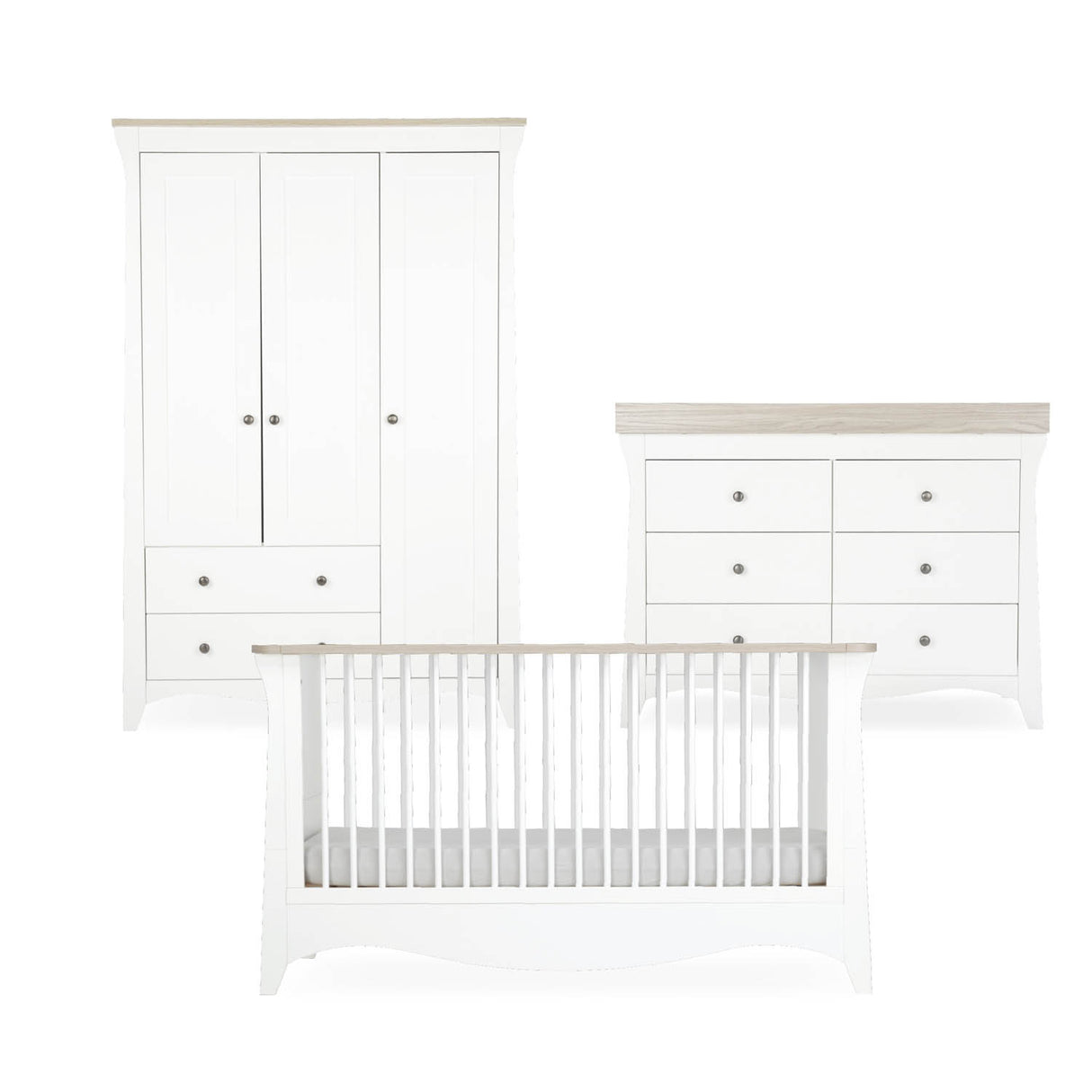 CuddleCo Clara Luxe 3 Piece Nursery Furniture Set (Cot Bed, Dresser & Wardrobe) - White & Ash