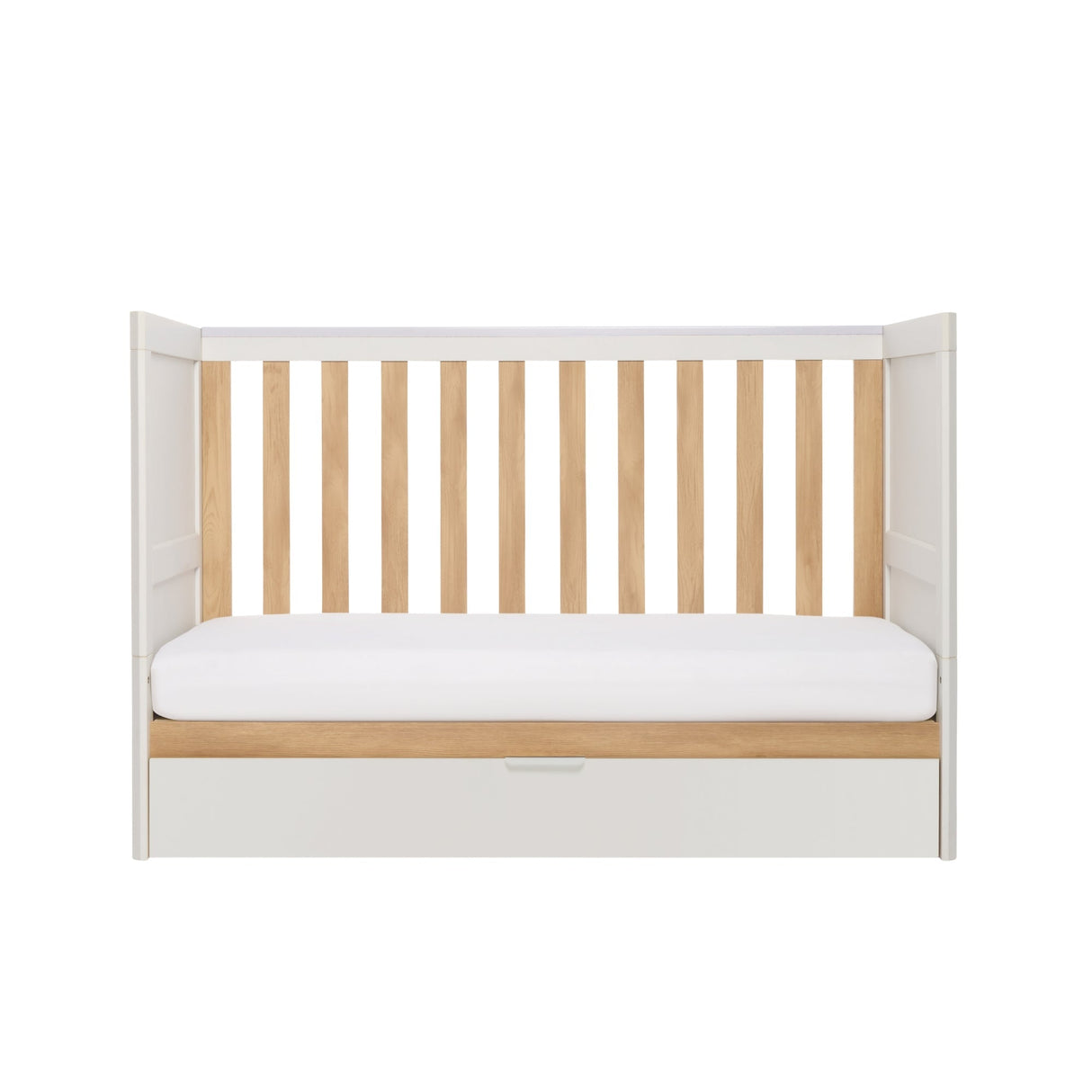 Tutti Bambini Riley Mini Cot Bed with Drawer - White & Maple Oak