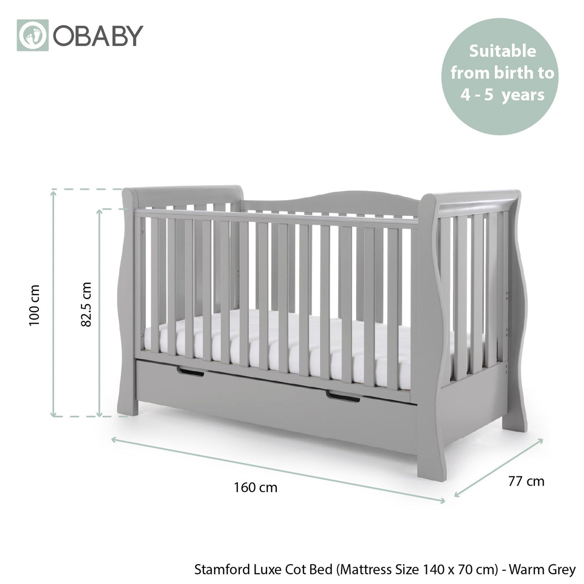 Obaby Stamford Luxe Sleigh 3 Piece Room Set - Warm Grey