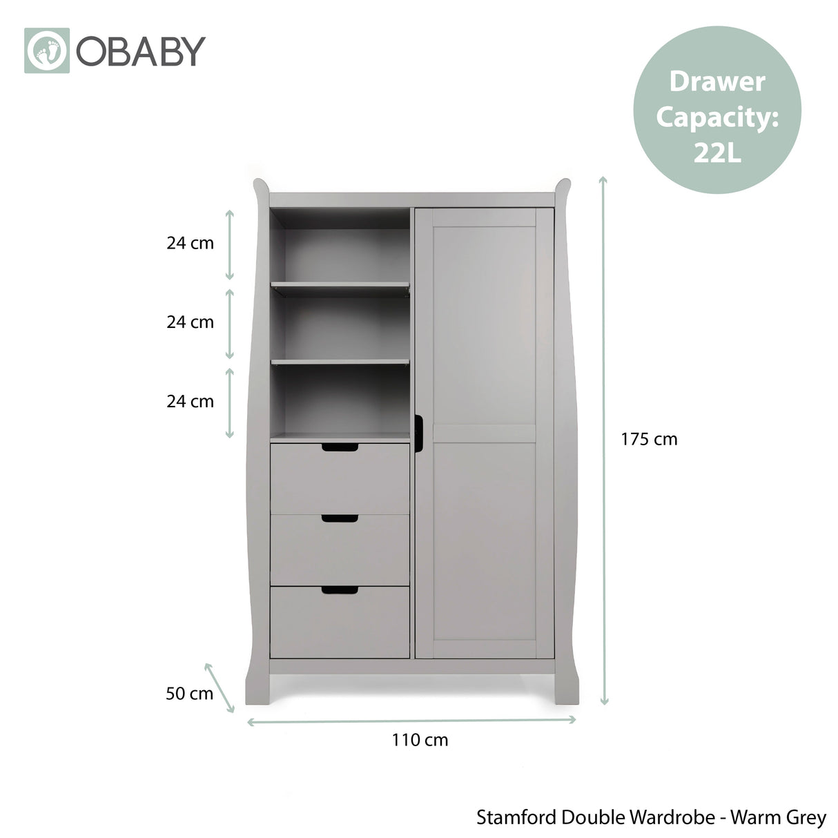 Obaby Stamford Sleigh Double Wardrobe - Warm Grey