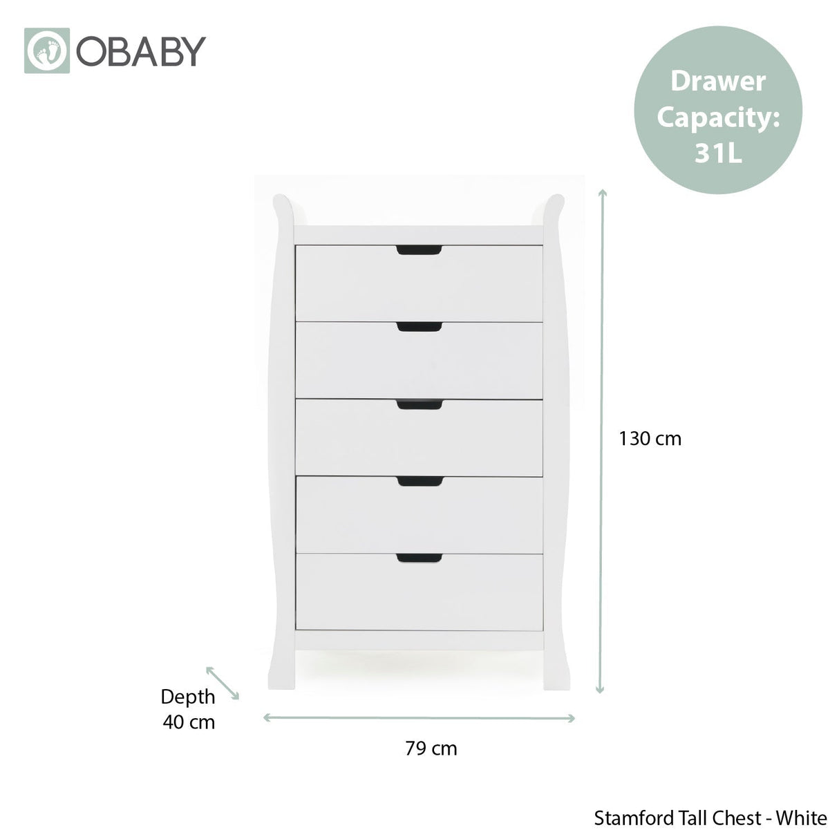 Obaby Stamford Sleigh Tall Chest of Drawers - White