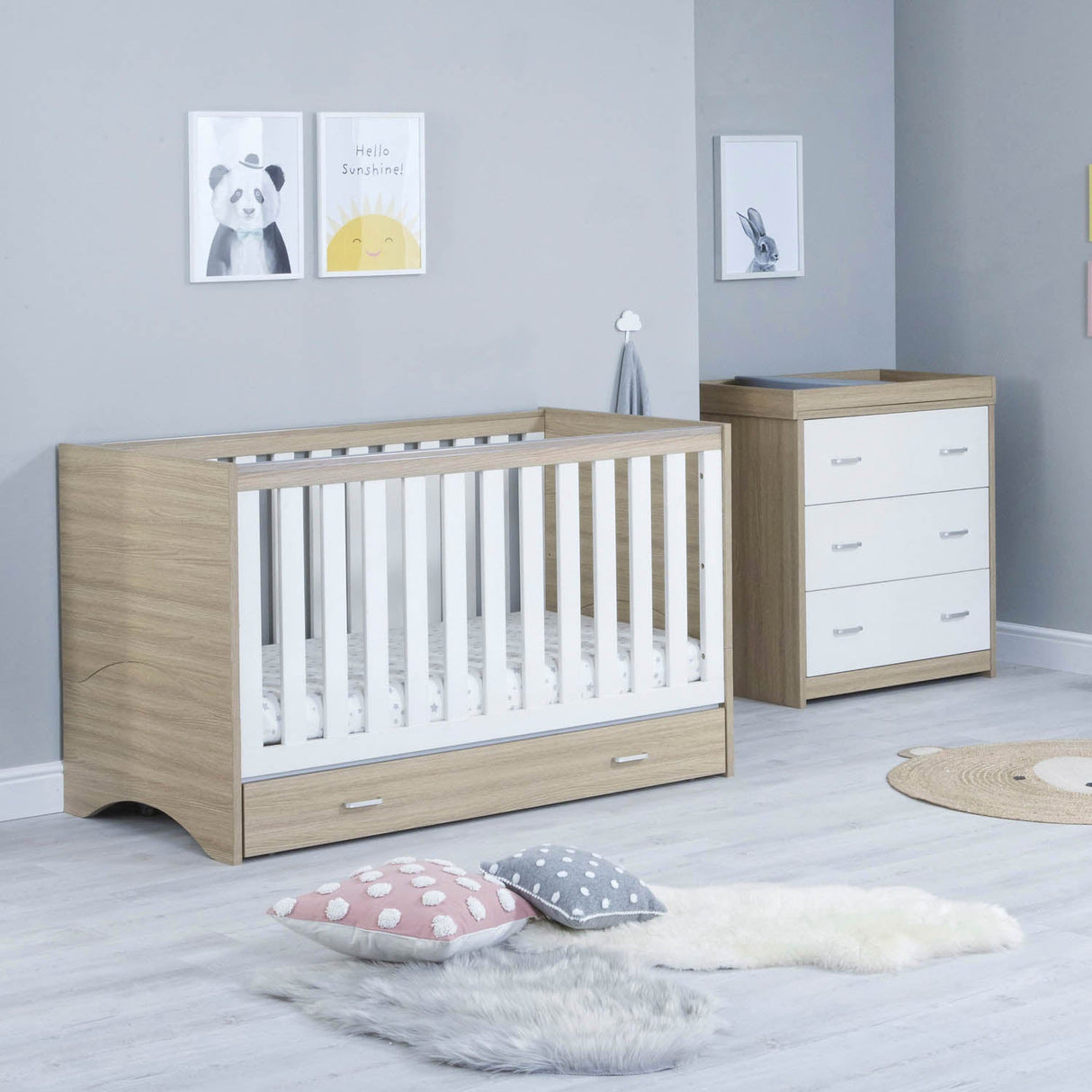 Babymore Veni 2 Piece Room Set with Drawer - Oak White