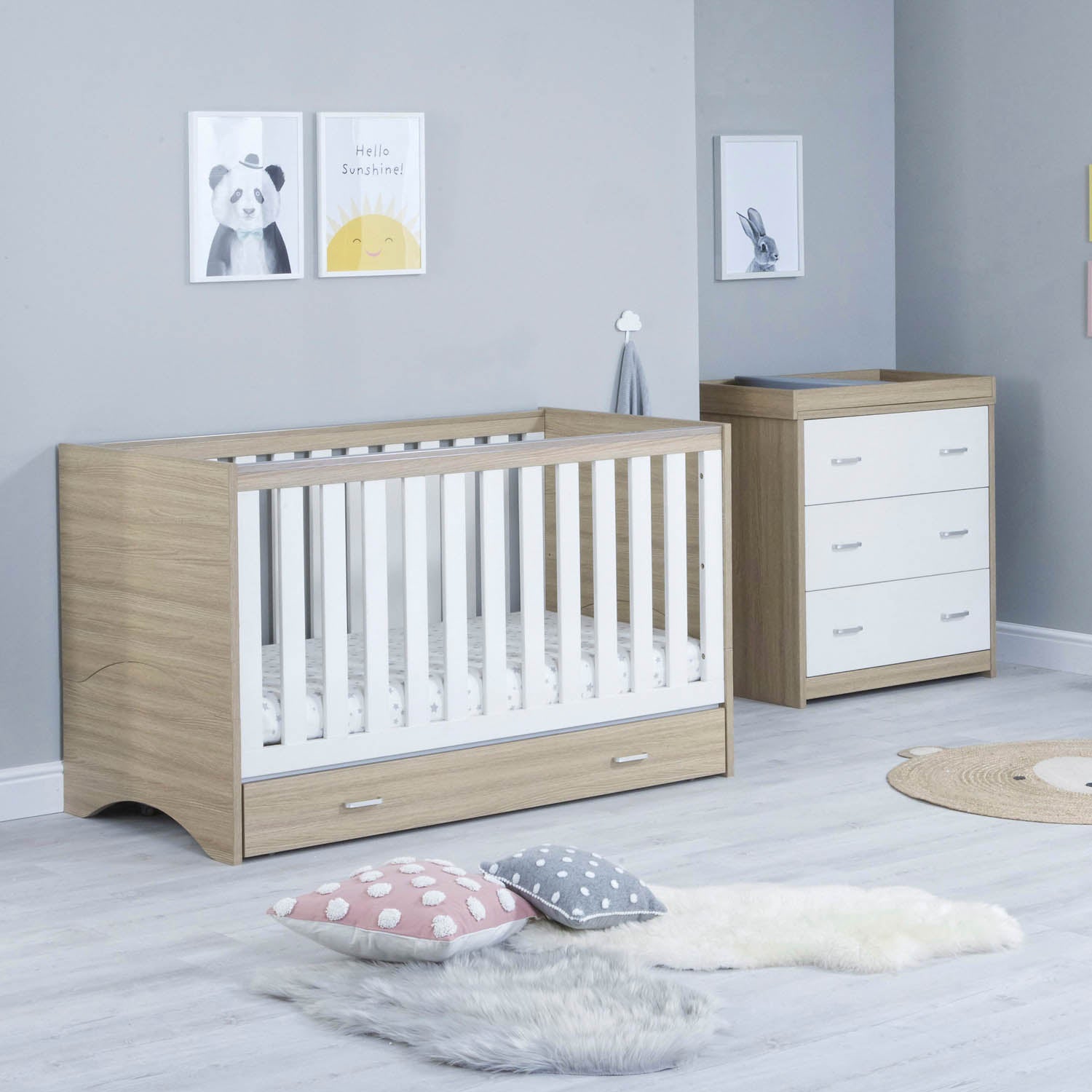 Babymore Veni 2 Piece Room Set with Drawer - Oak White