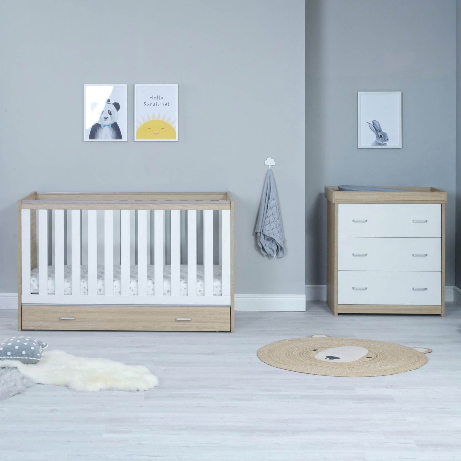 Babymore Veni 2 Piece Room Set with Drawer - Oak White