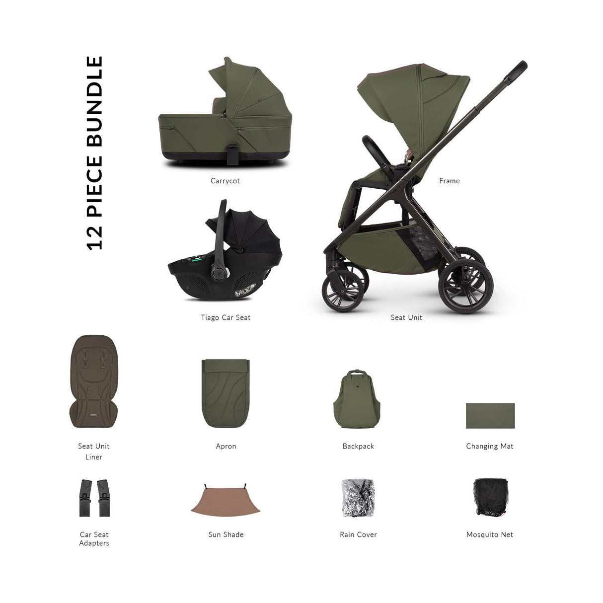 Venicci Tila 12 Piece Comfort 3in1 Tiago Bundle - Olive
