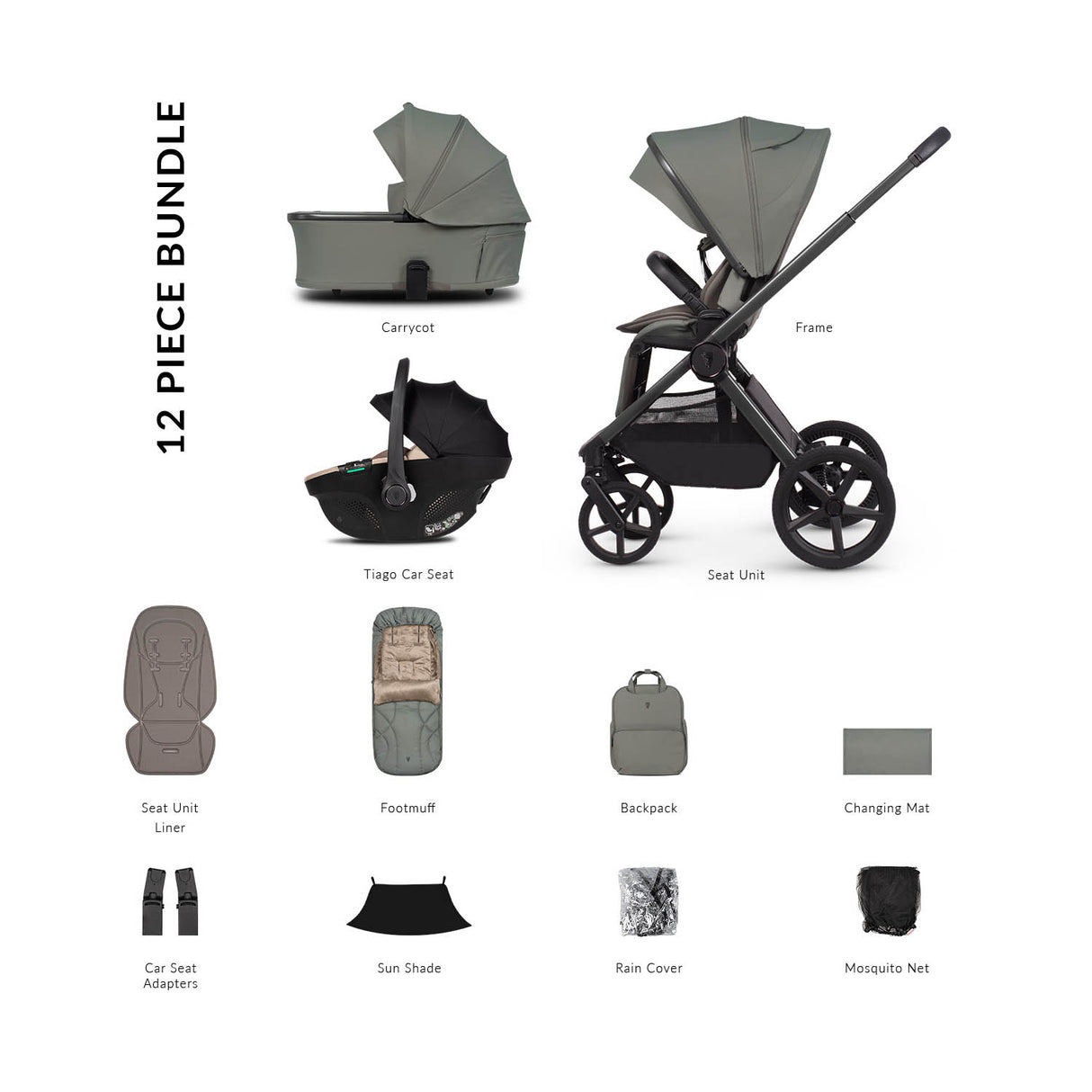 Venicci Upline 3 Comfort 3in1 Tiago Car Seat Bundle - Aloe