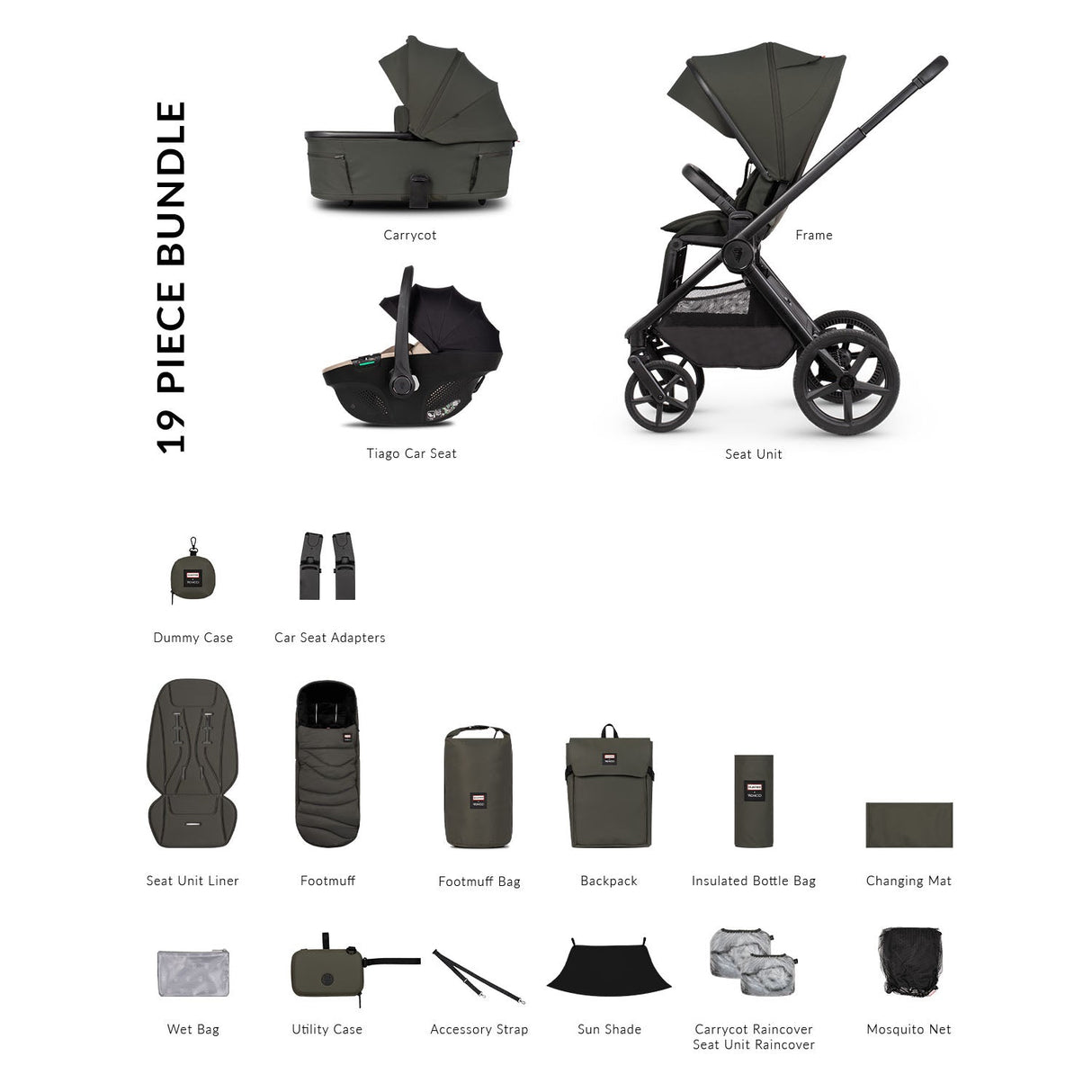 Venicci x Hunter Upline 3 Comfort 3in1 Tiago 360 Car Seat Bundle - Dark Olive
