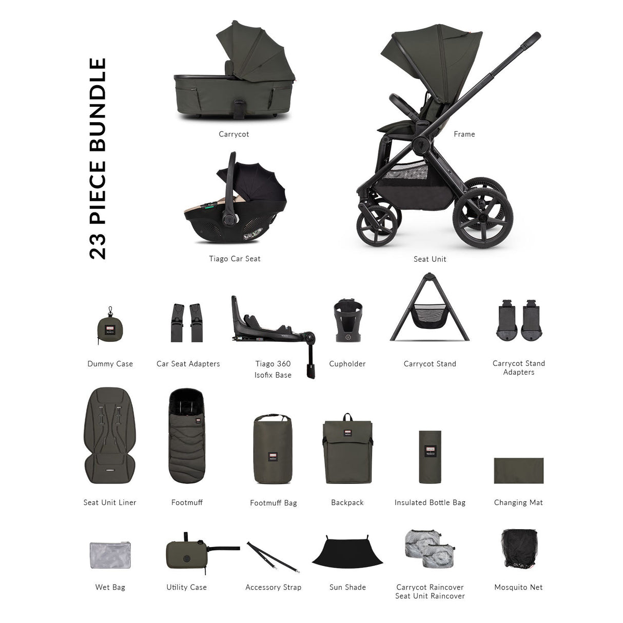 Venicci x Hunter Upline 3 Ultimate 4in1 Plus Tiago Car Seat & 360 Base Bundle - Dark Olive