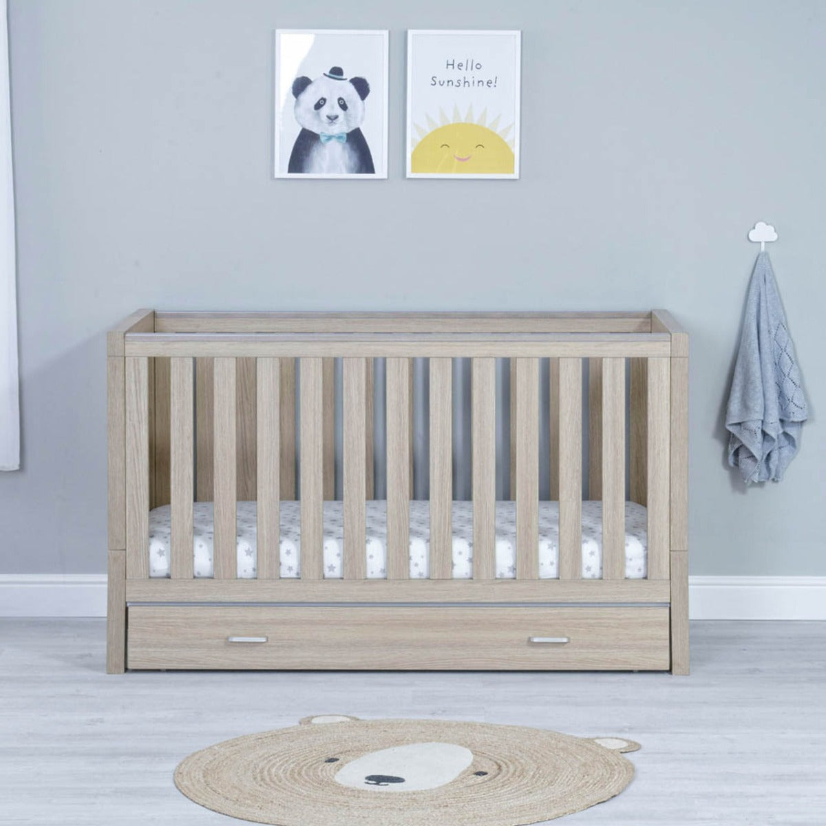 Babymore Luno Cot Bed With Drawer - Oak