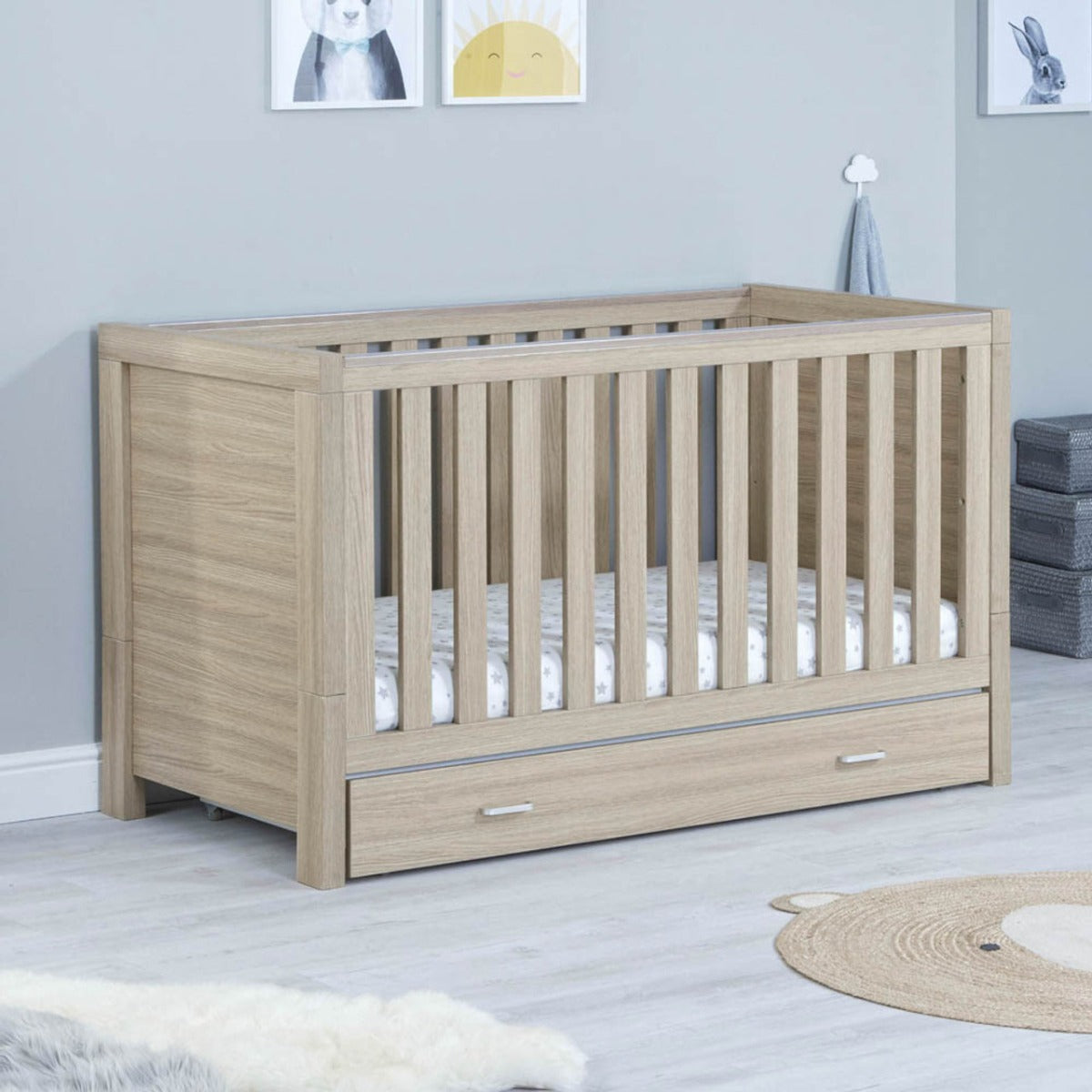 Babymore Luno Cot Bed With Drawer - Oak