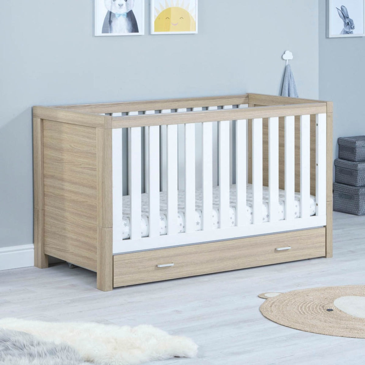 Babymore Luno Cot Bed With Drawer - Oak White