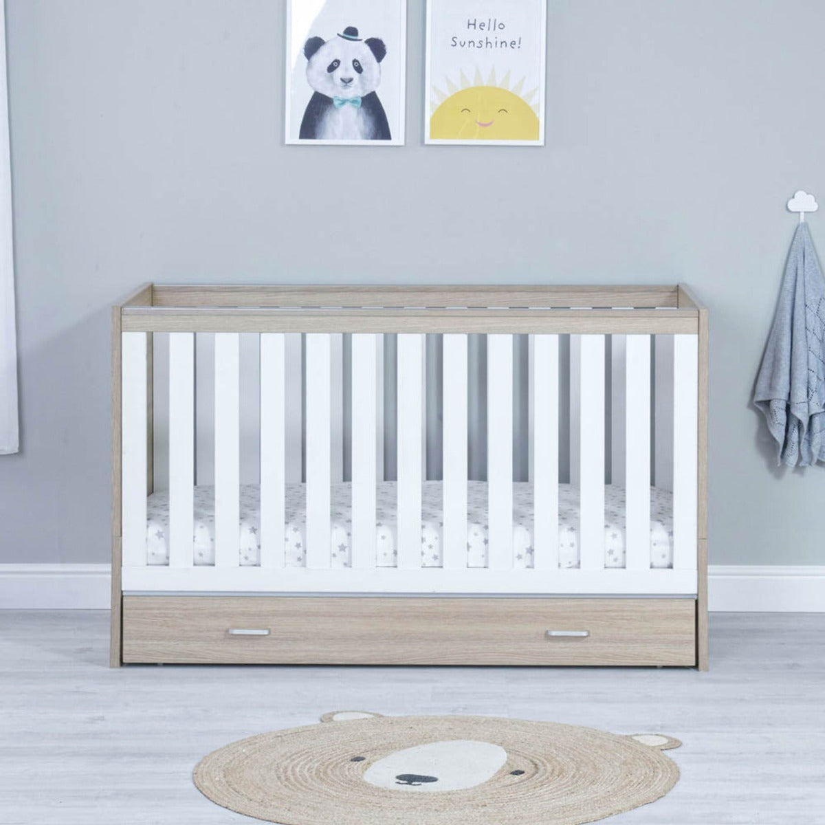 Babymore Veni Cot Bed With Drawer - Oak White