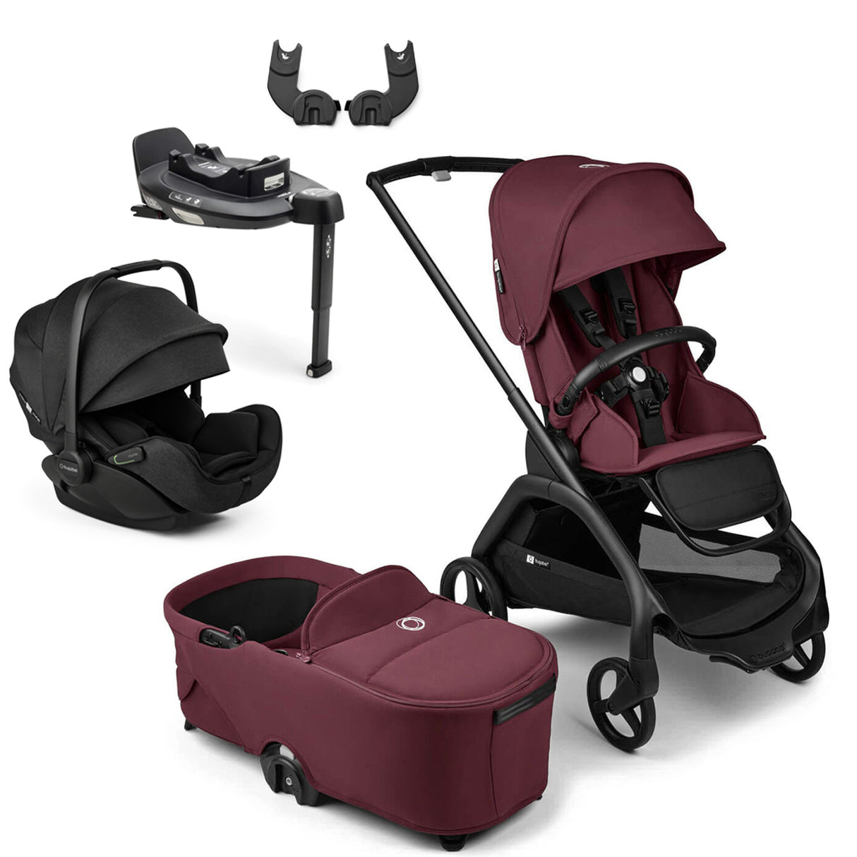 Bugaboo Dragonfly Travel System with Otter 360 + Rotating Isofix Base - Black/Dark Cherry