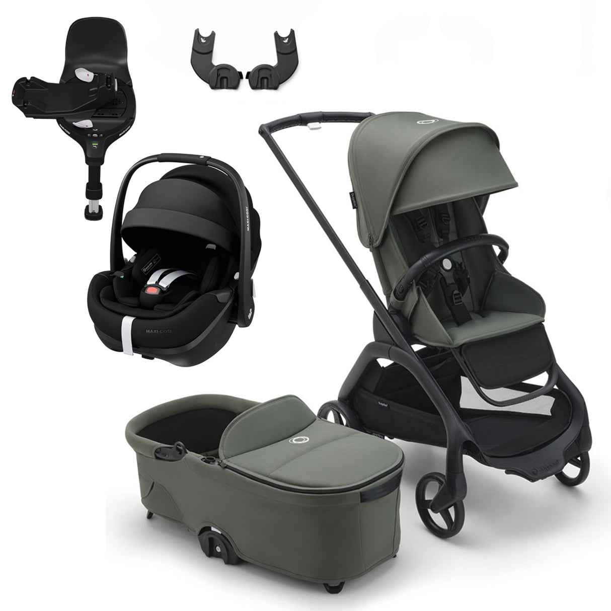 Bugaboo Dragonfly Travel System with Maxi-Cosi Pebble 360 Pro2 + Rotating/Sliding Base - Black/Forest Green