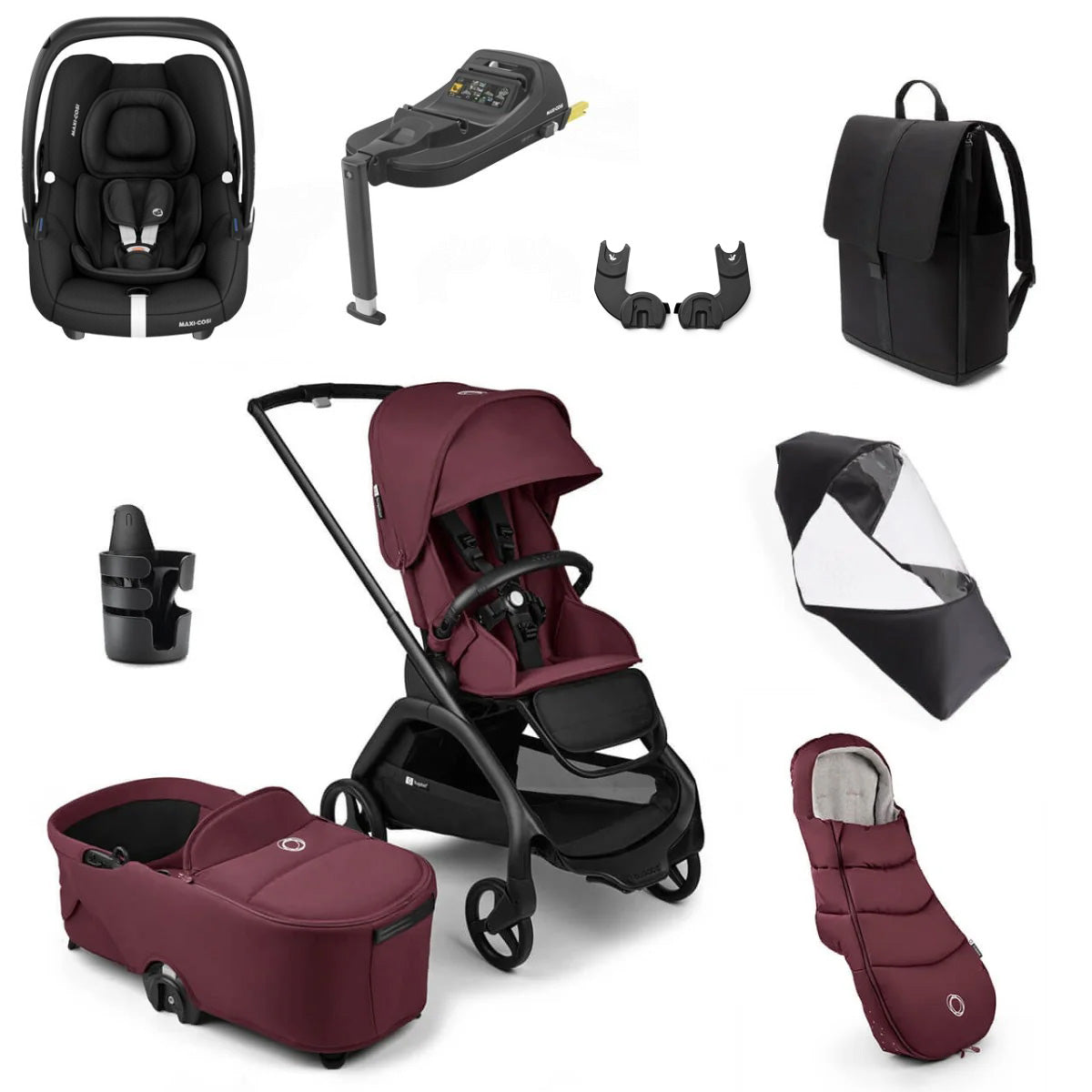 Bugaboo Dragonfly Ultimate Maxi-Cosi Cabriofix i-Size Travel System Bundle - Black/Dark Cherry