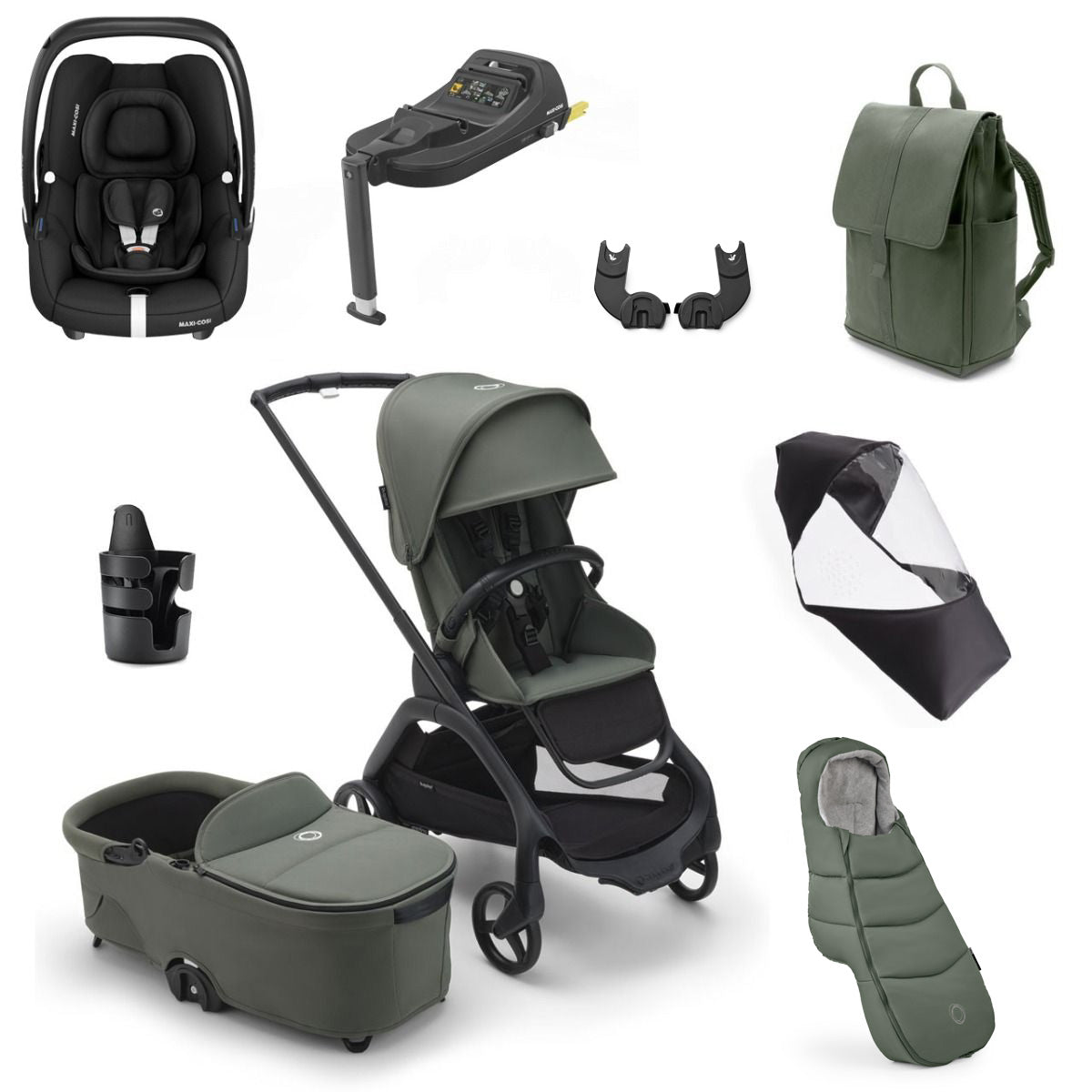 Bugaboo Dragonfly Ultimate Maxi-Cosi Cabriofix i-Size Travel System Bundle - Black/Forest Green