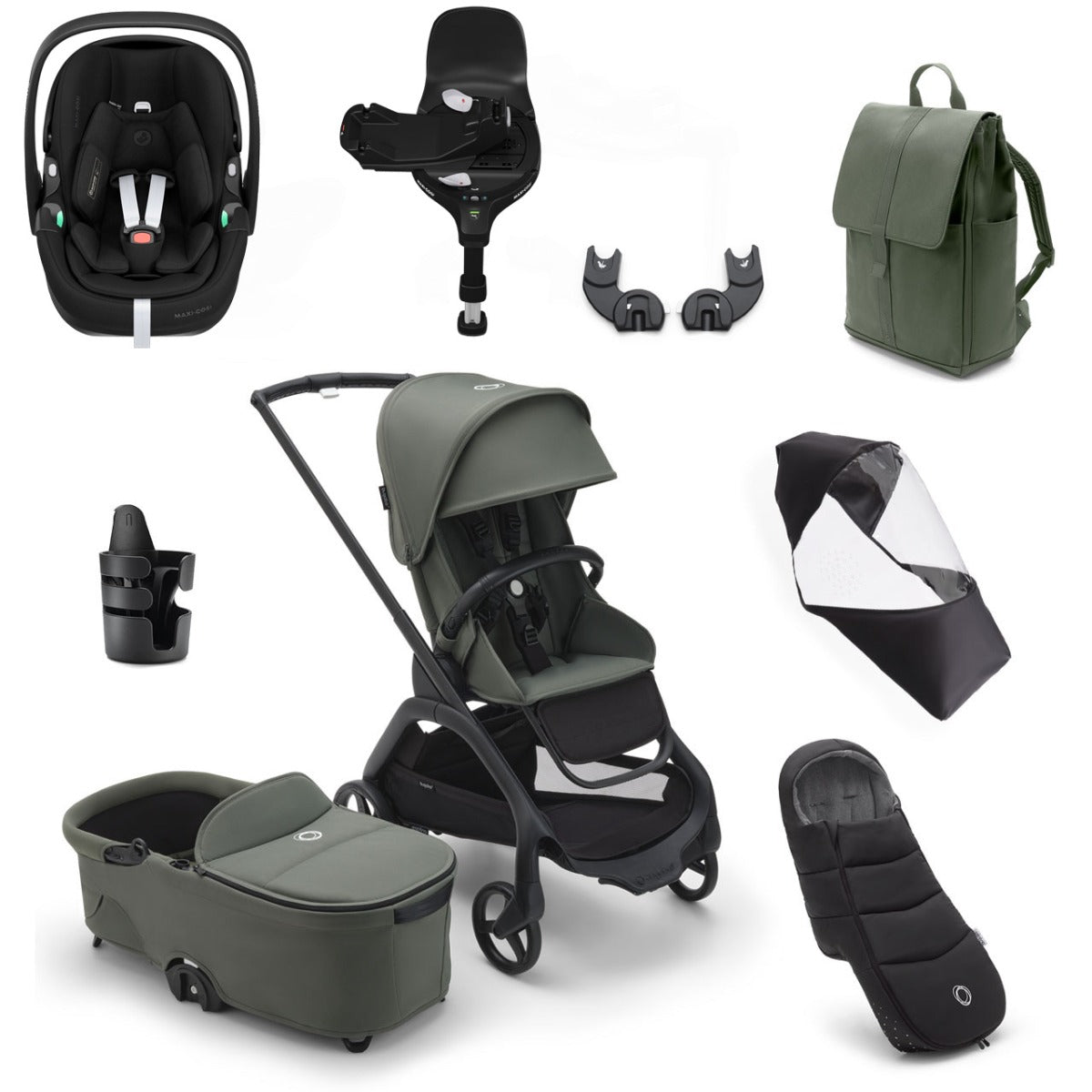 Bugaboo Dragonfly Ultimate Maxi-Cosi Pebble 360 Pro2 Travel System Bundle - Black/Forest Green