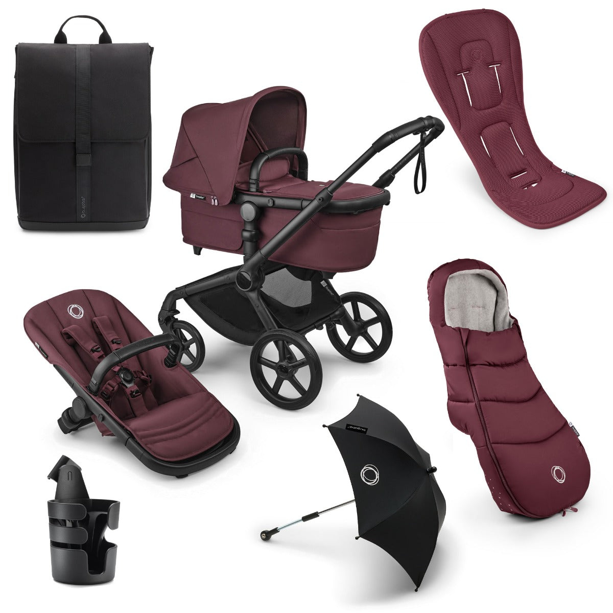Bugaboo Fox 5 Renew Essential Pushchair Bundle - Dark Cherry