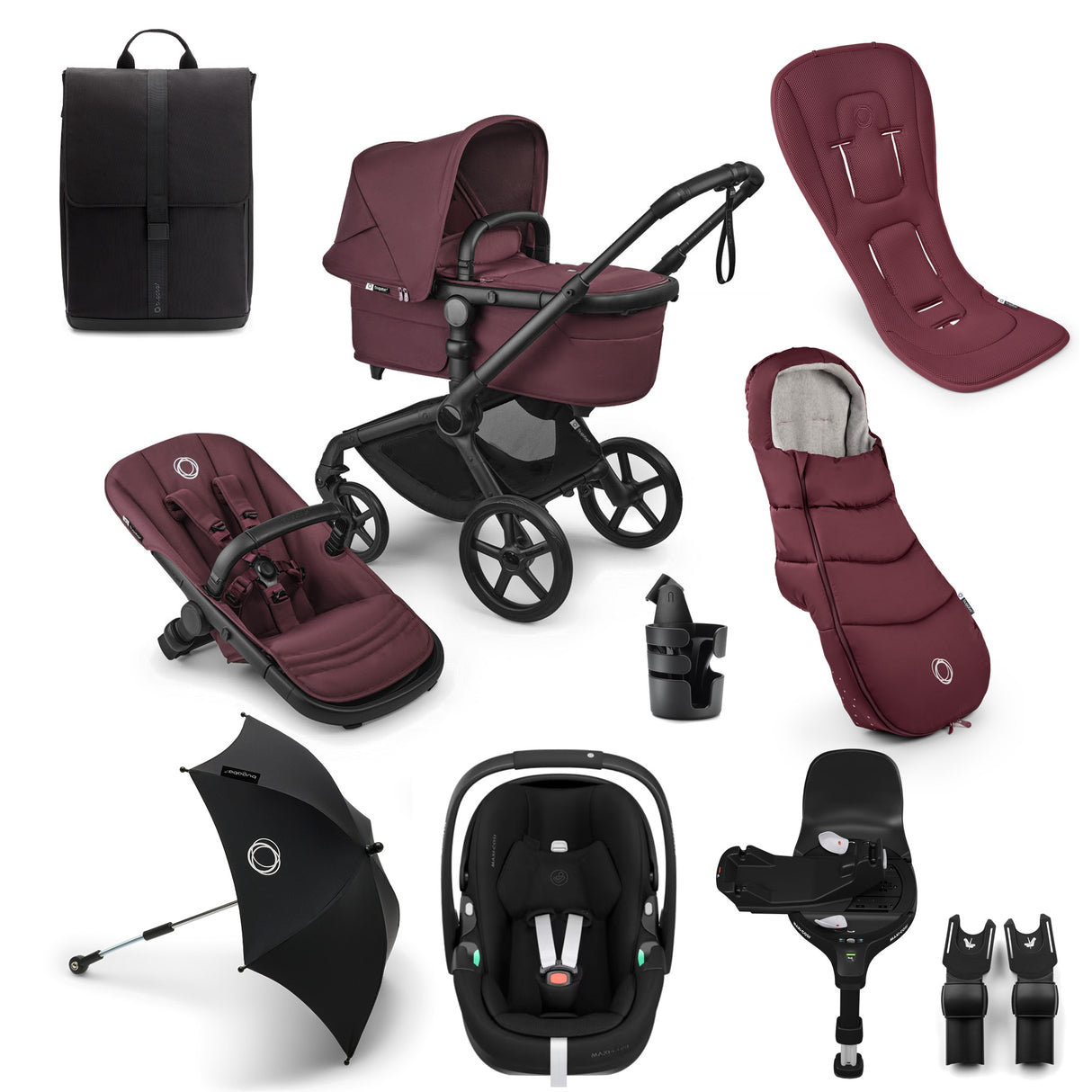 Bugaboo Fox 5 Renew Ultimate Maxi-Cosi Pebble 360 Pro2 Travel System Bundle - Dark Cherry