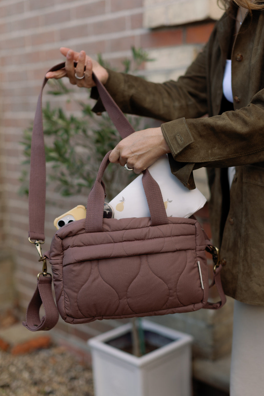 Ralphie Bear Quilted Changing Stroller Bag - Brown/Pears