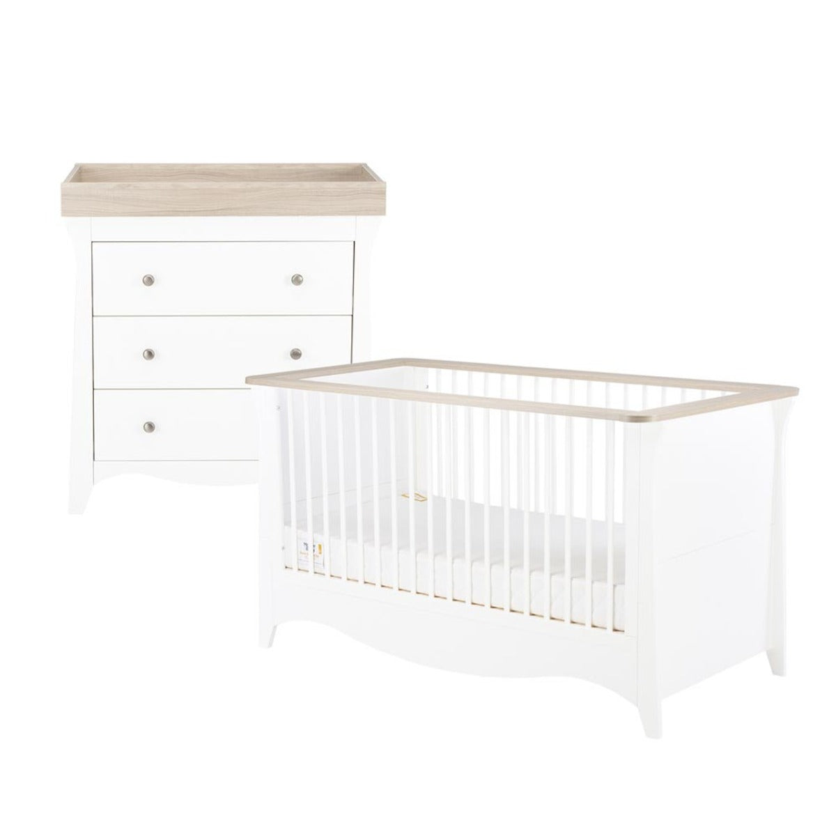 CuddleCo Clara 2 Piece Nursery Furniture Set (Cot Bed & Dresser) - White and Ash